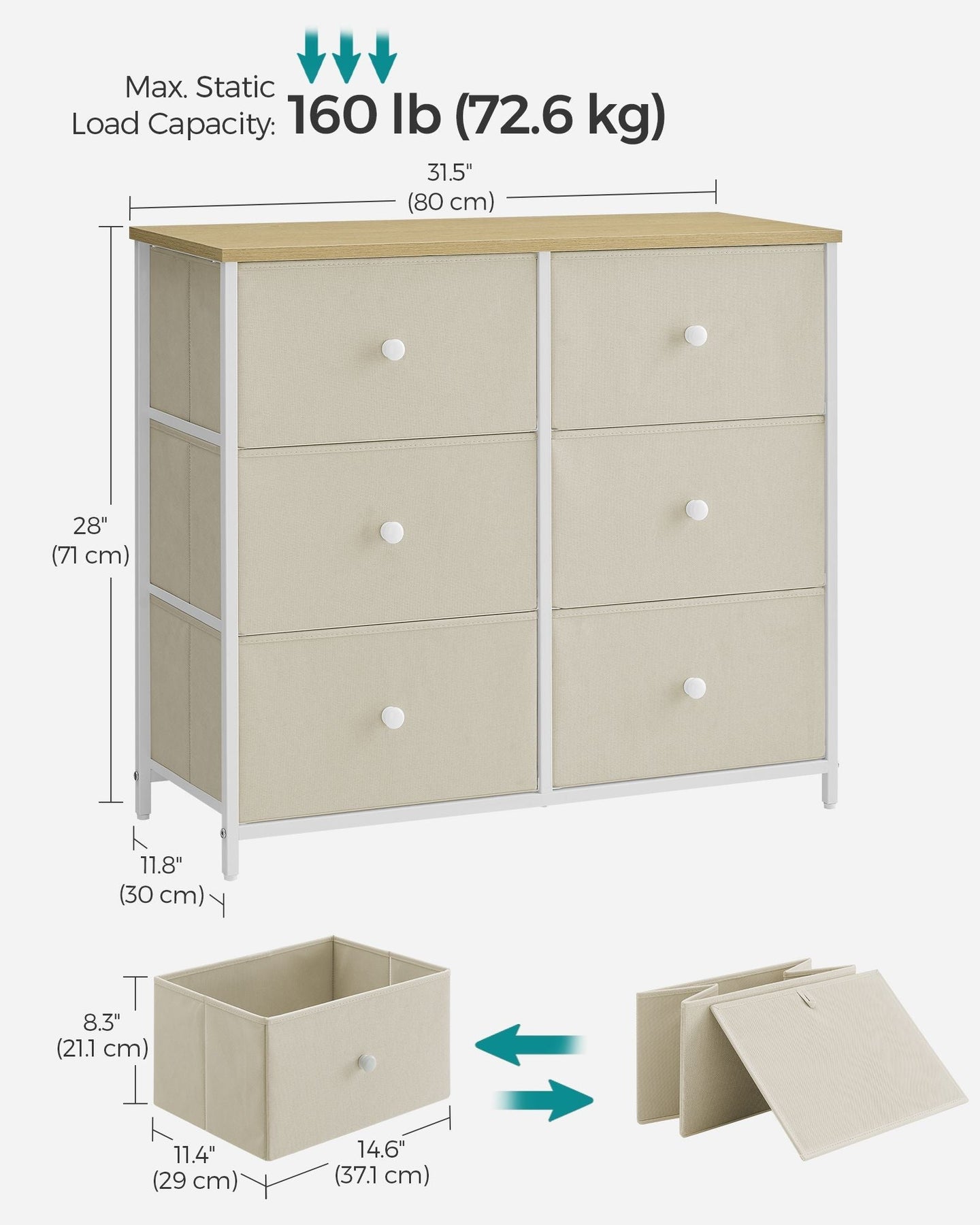 Storage Organiser Unit - Fabric - Rustic Brown and Black - 6 Drawers with Wooden Front and Top