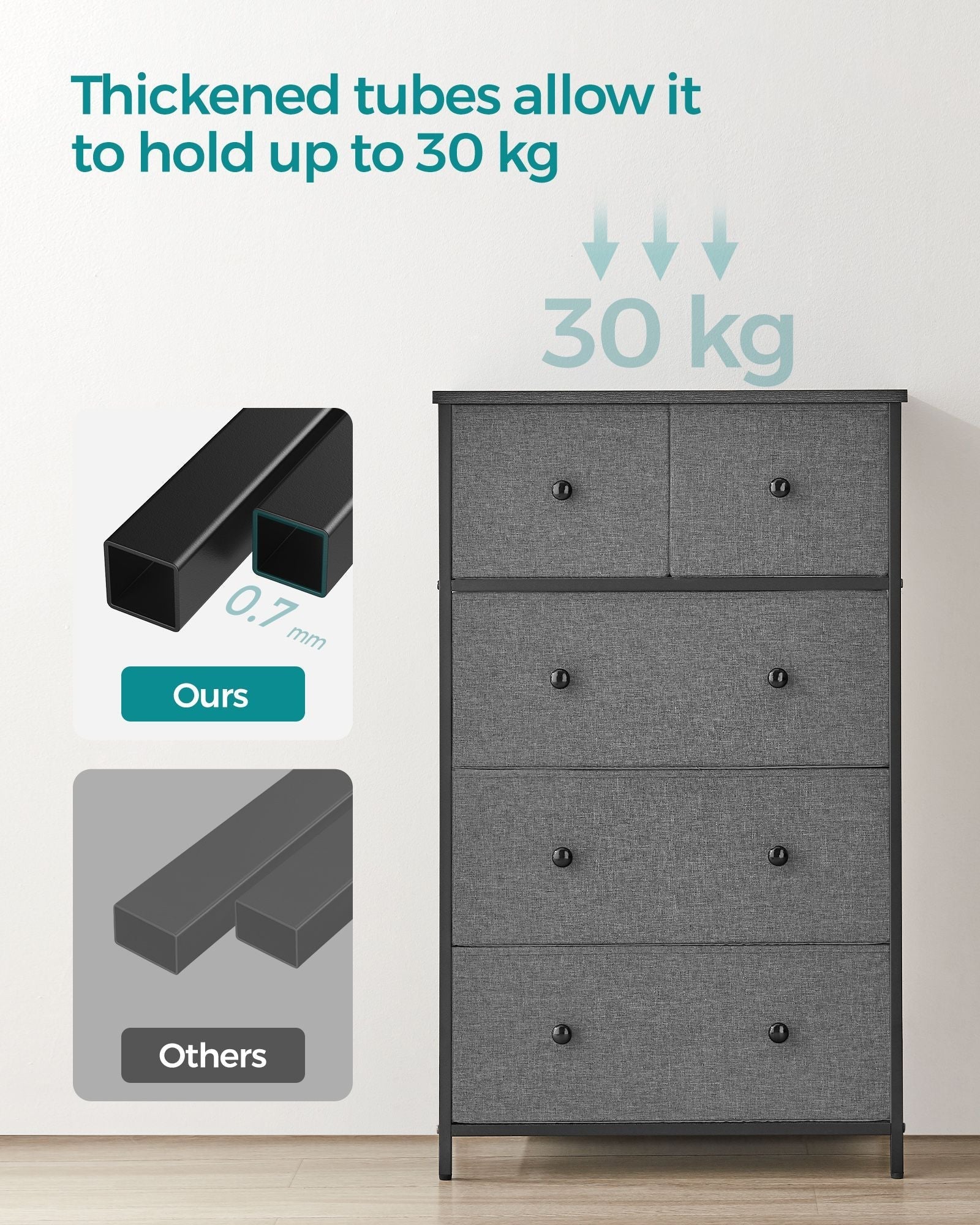 Fabric Storage Unit - Fabric - Grey and Black - 5 Drawers