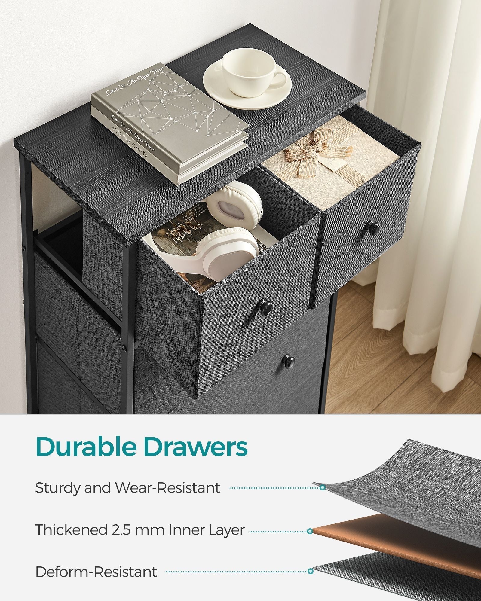 Fabric Storage Unit - Fabric - Grey and Black - 5 Drawers