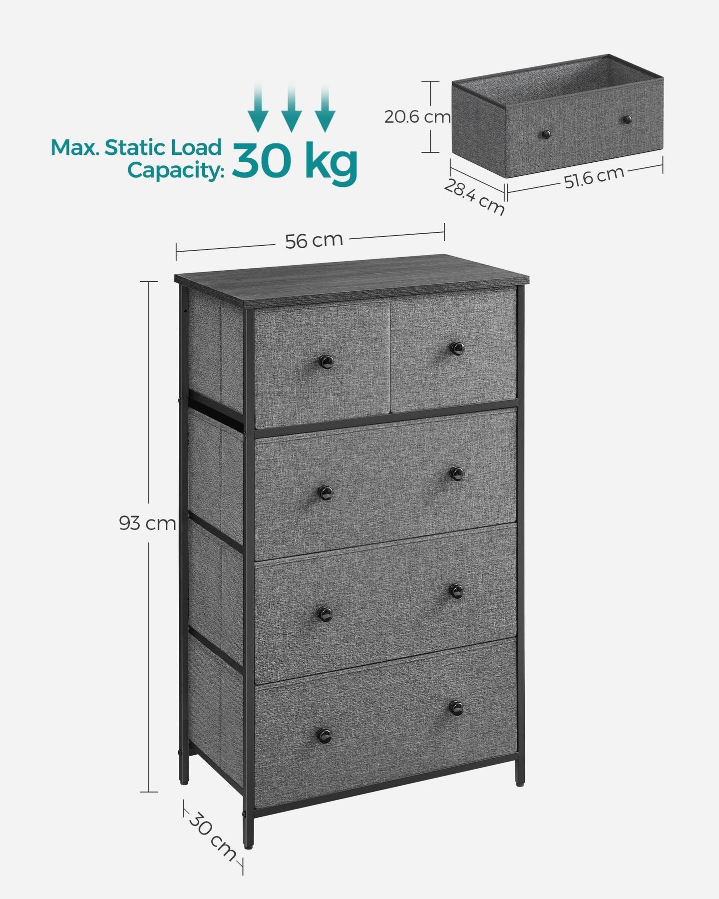 Fabric Storage Unit - Fabric - Grey and Black - 5 Drawers