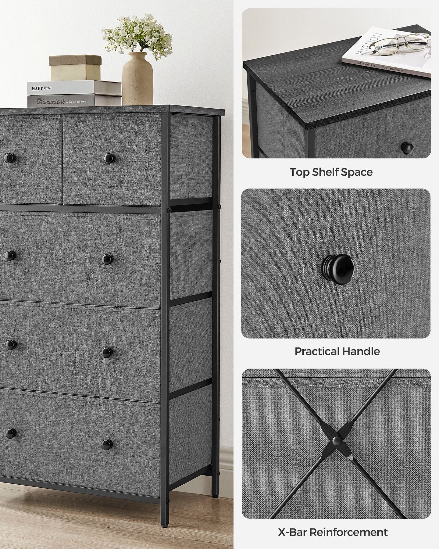 Fabric Storage Unit - Fabric - Grey and Black - 5 Drawers