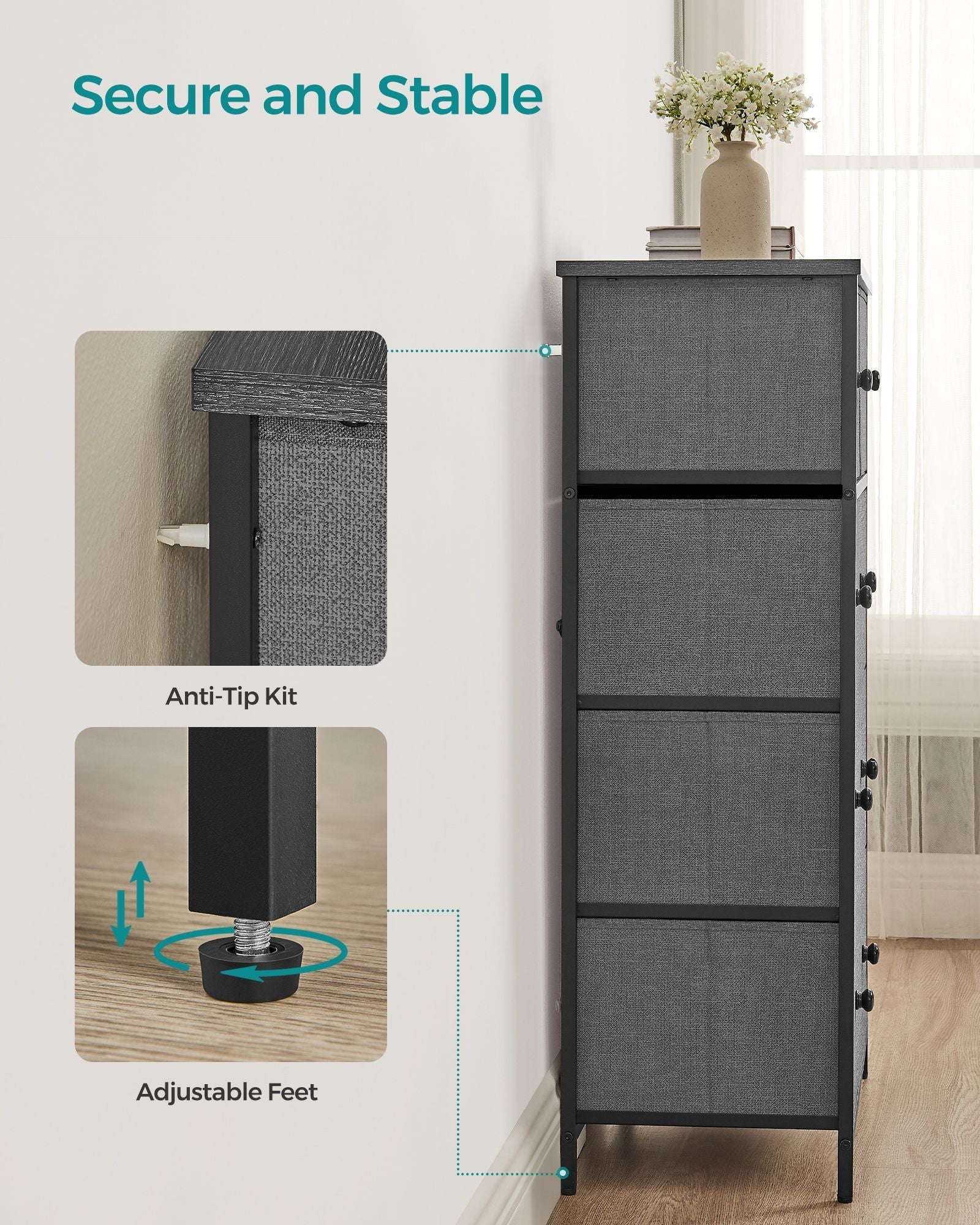 Fabric Storage Unit - Fabric - Grey and Black - 5 Drawers