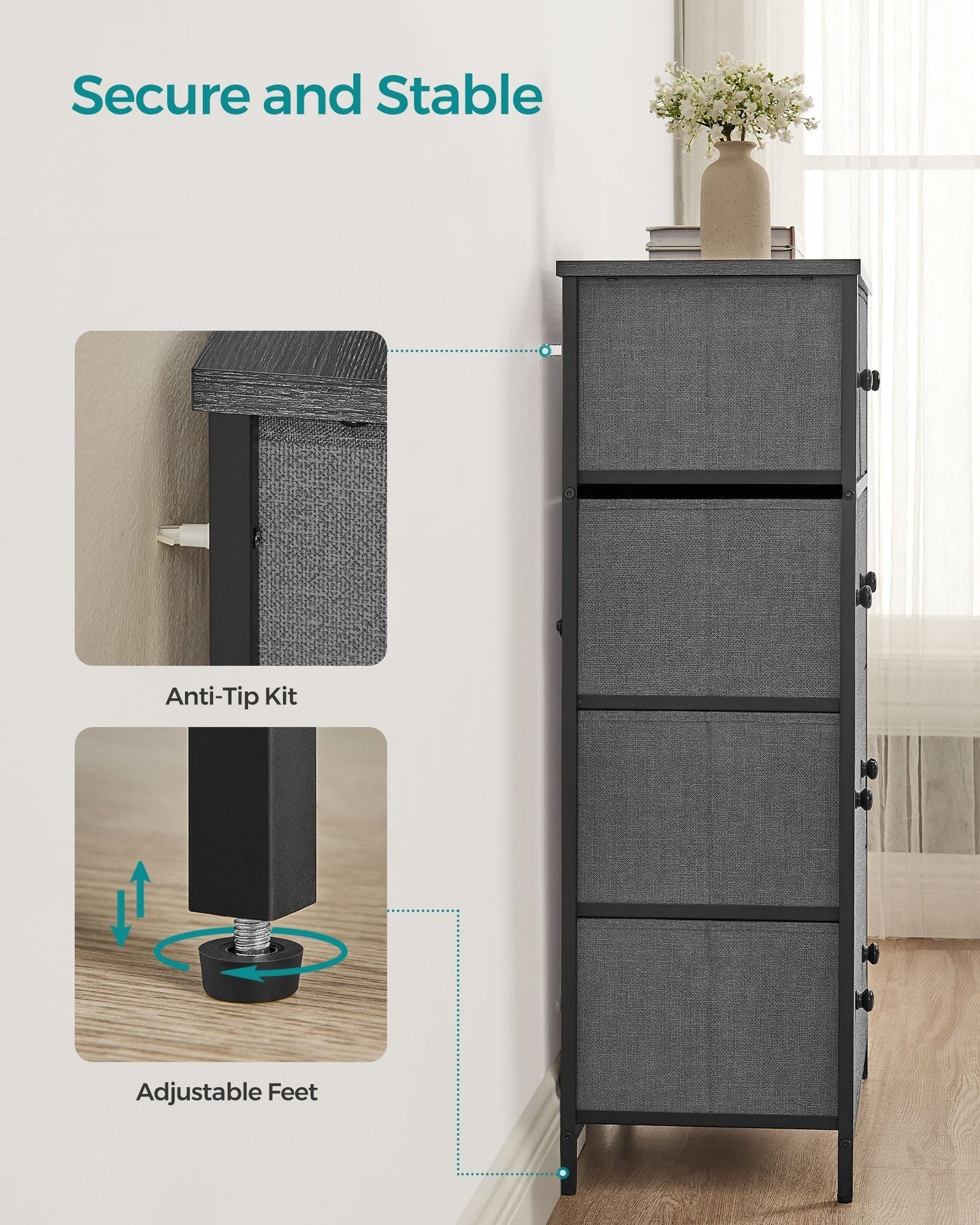 Fabric Storage Unit - Fabric - Grey and Black - 5 Drawers