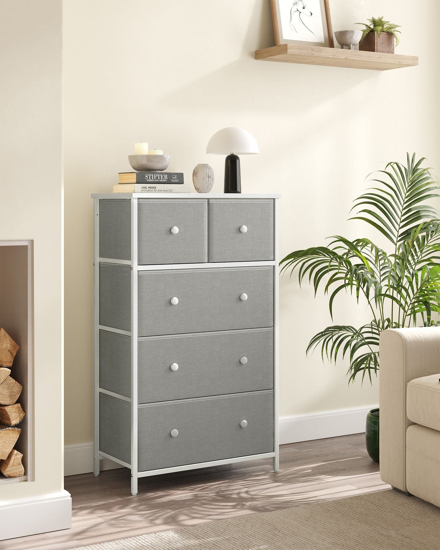 Fabric Chest of Drawers - Fabric - Rustic Brown and Black - 5 Drawers with Adjustable Feet