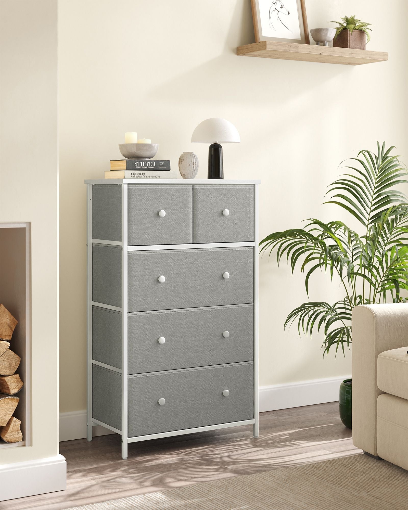 Fabric Chest of Drawers - Fabric - Rustic Brown and Black - 5 Drawers with Adjustable Feet