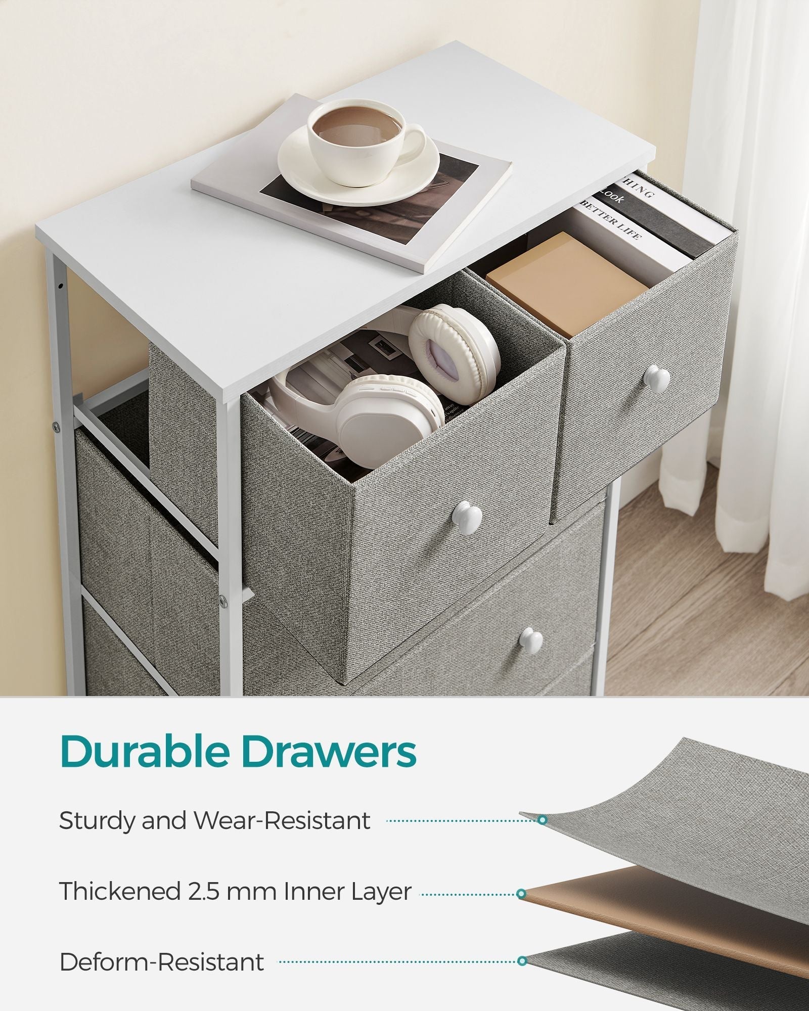 Fabric Chest of Drawers - Fabric - Rustic Brown and Black - 5 Drawers with Adjustable Feet
