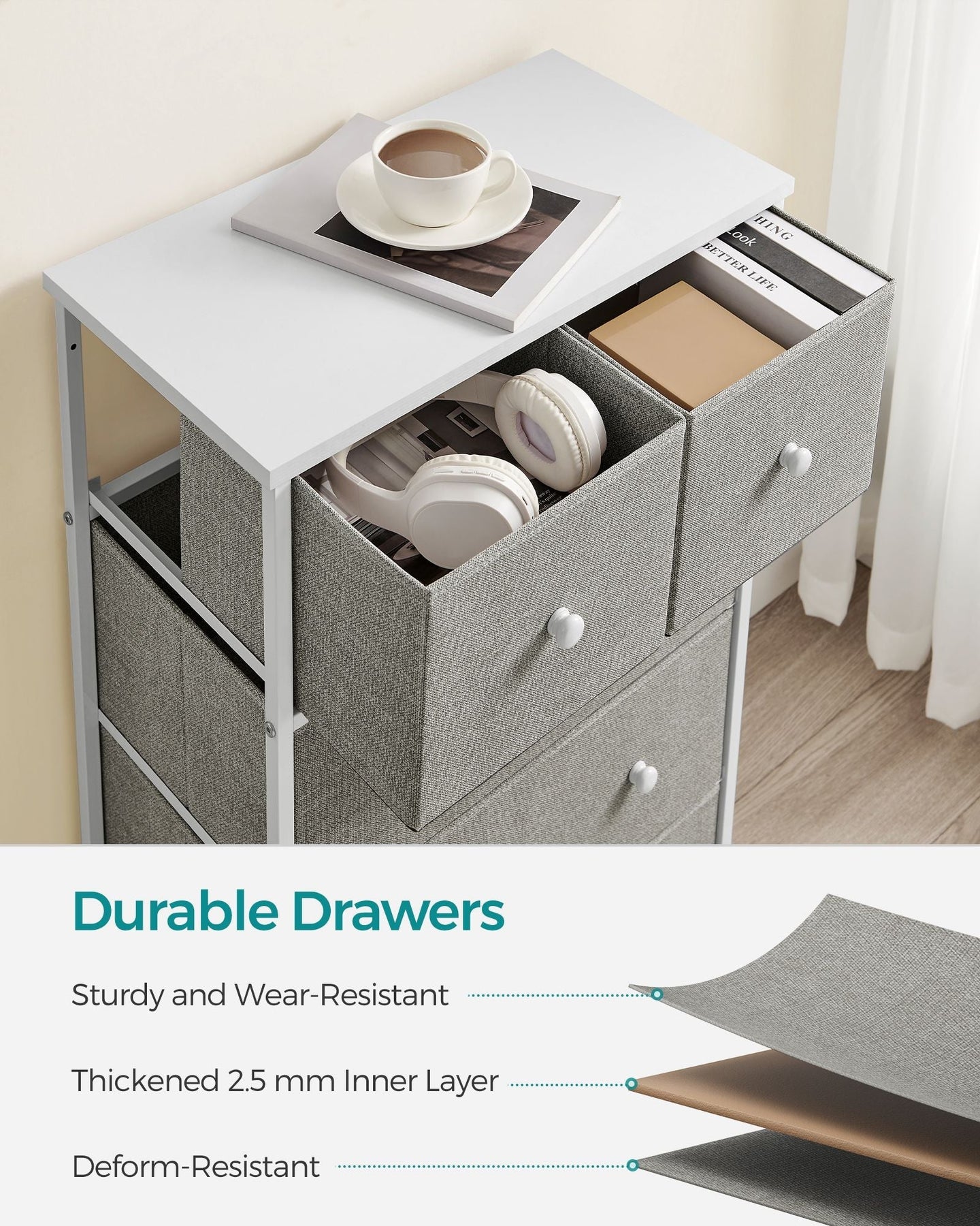 Fabric Chest of Drawers - Fabric - Rustic Brown and Black - 5 Drawers with Adjustable Feet