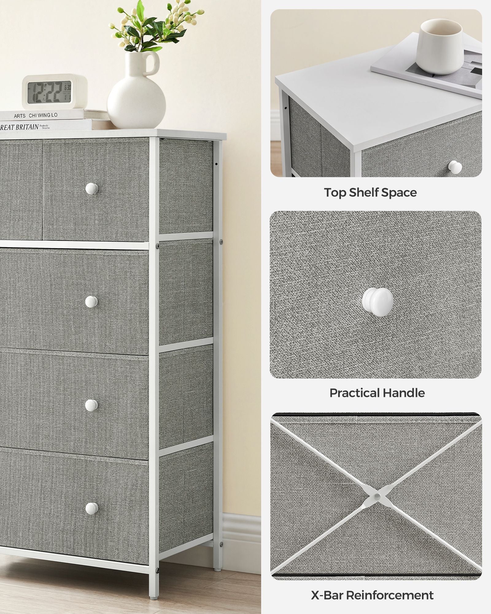 Fabric Chest of Drawers - Fabric - Rustic Brown and Black - 5 Drawers with Adjustable Feet