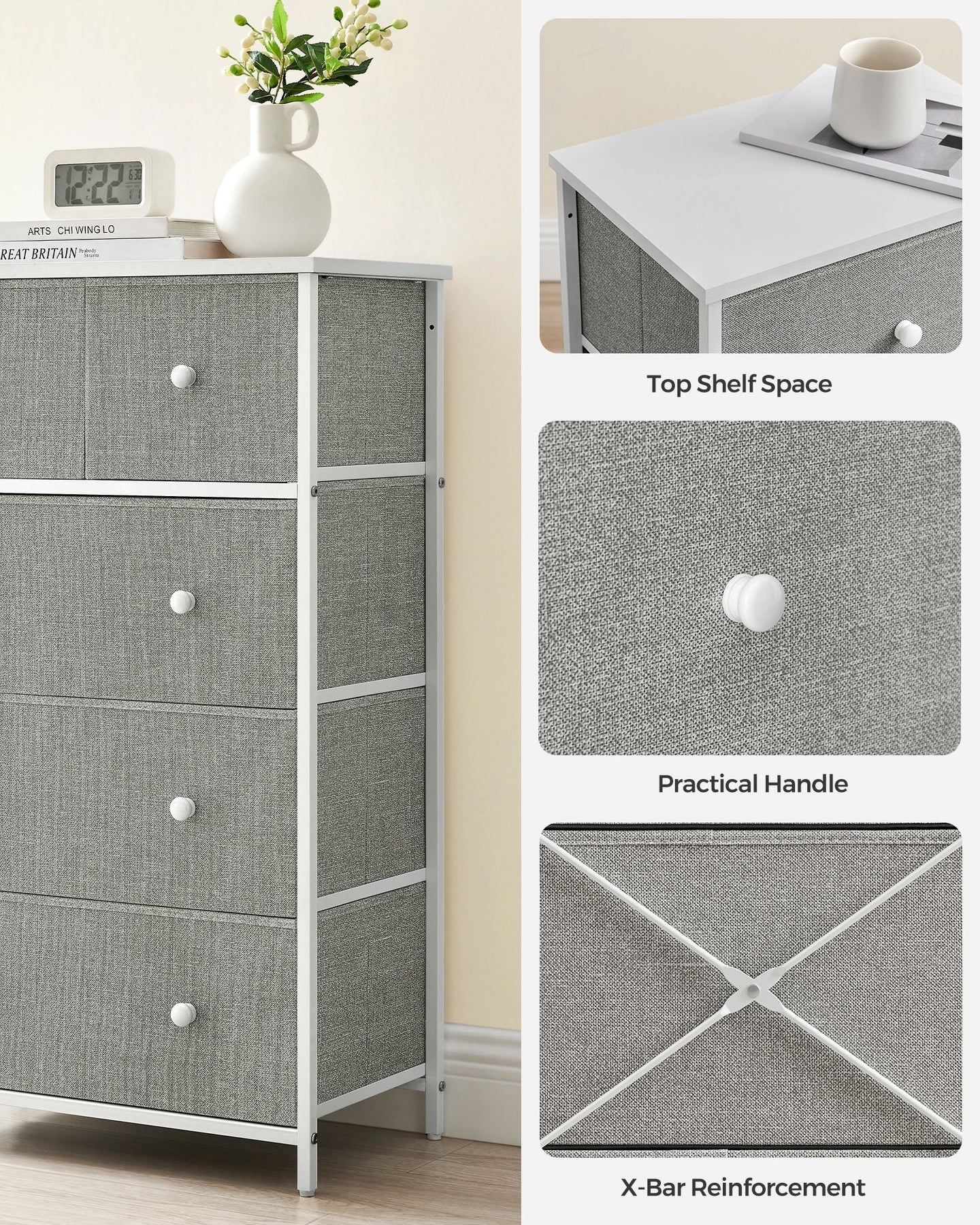 Fabric Chest of Drawers - Fabric - Rustic Brown and Black - 5 Drawers with Adjustable Feet