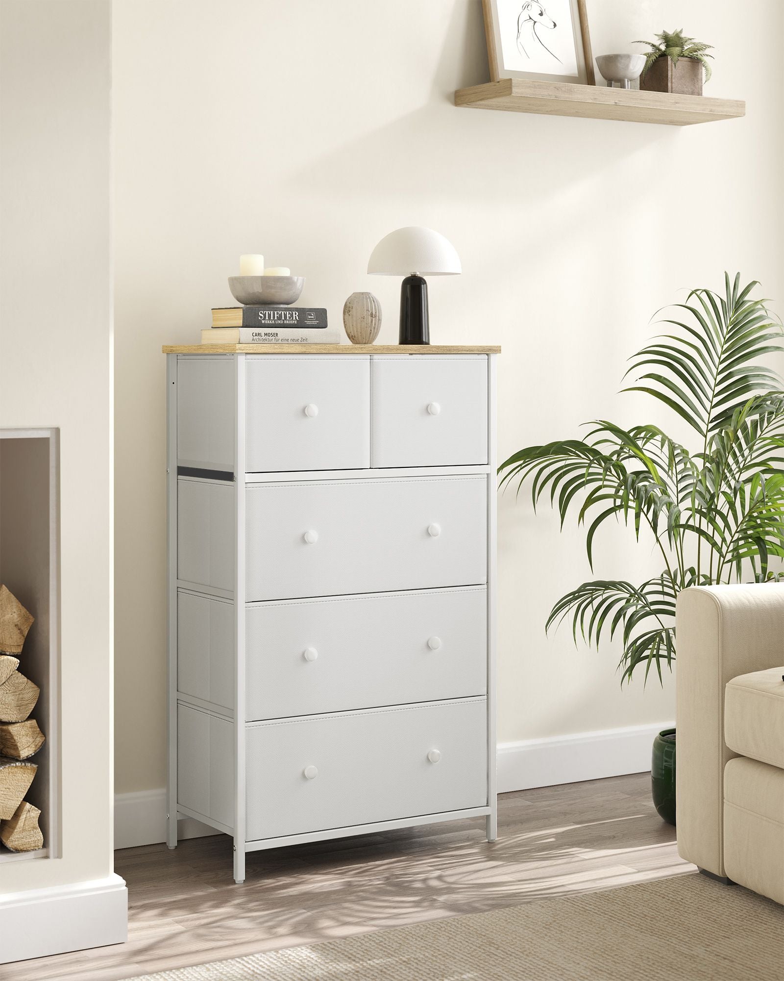 Fabric Chest of Drawers - Fabric - White and Oak - 5-Drawer Storage Organiser for Living Room