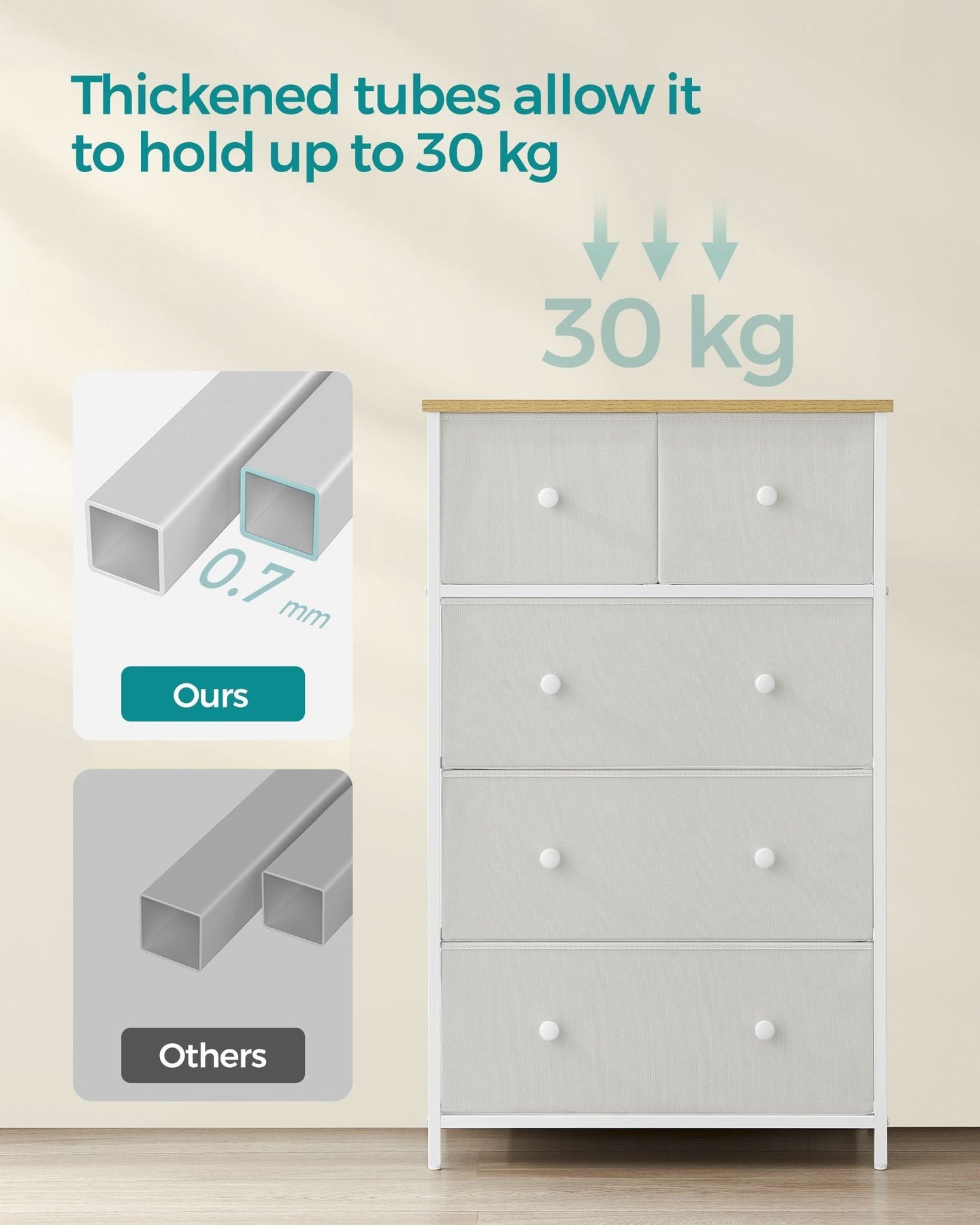 Fabric Chest of Drawers - Fabric - White and Oak - 5-Drawer Storage Organiser for Living Room