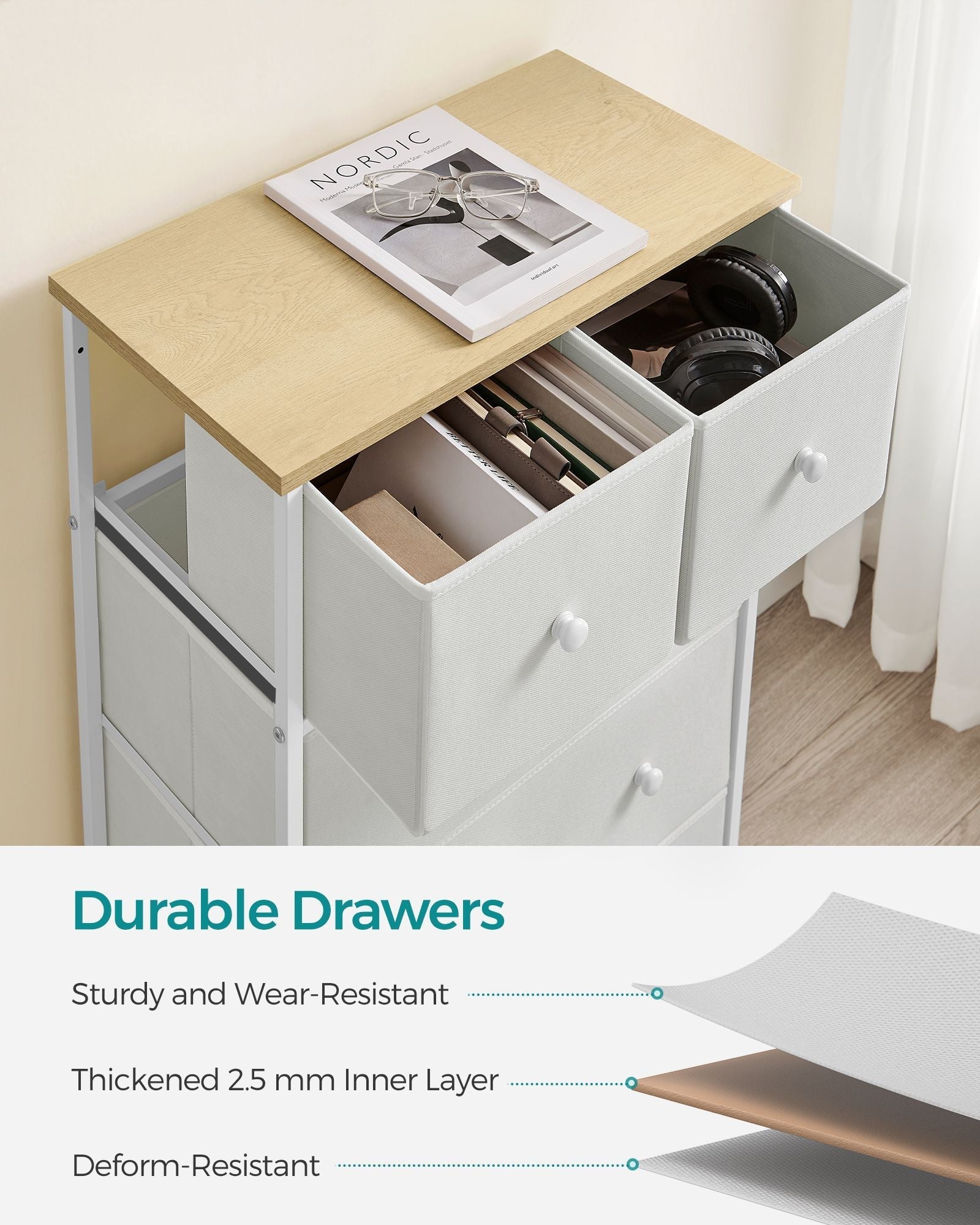 Fabric Chest of Drawers - Fabric - White and Oak - 5-Drawer Storage Organiser for Living Room