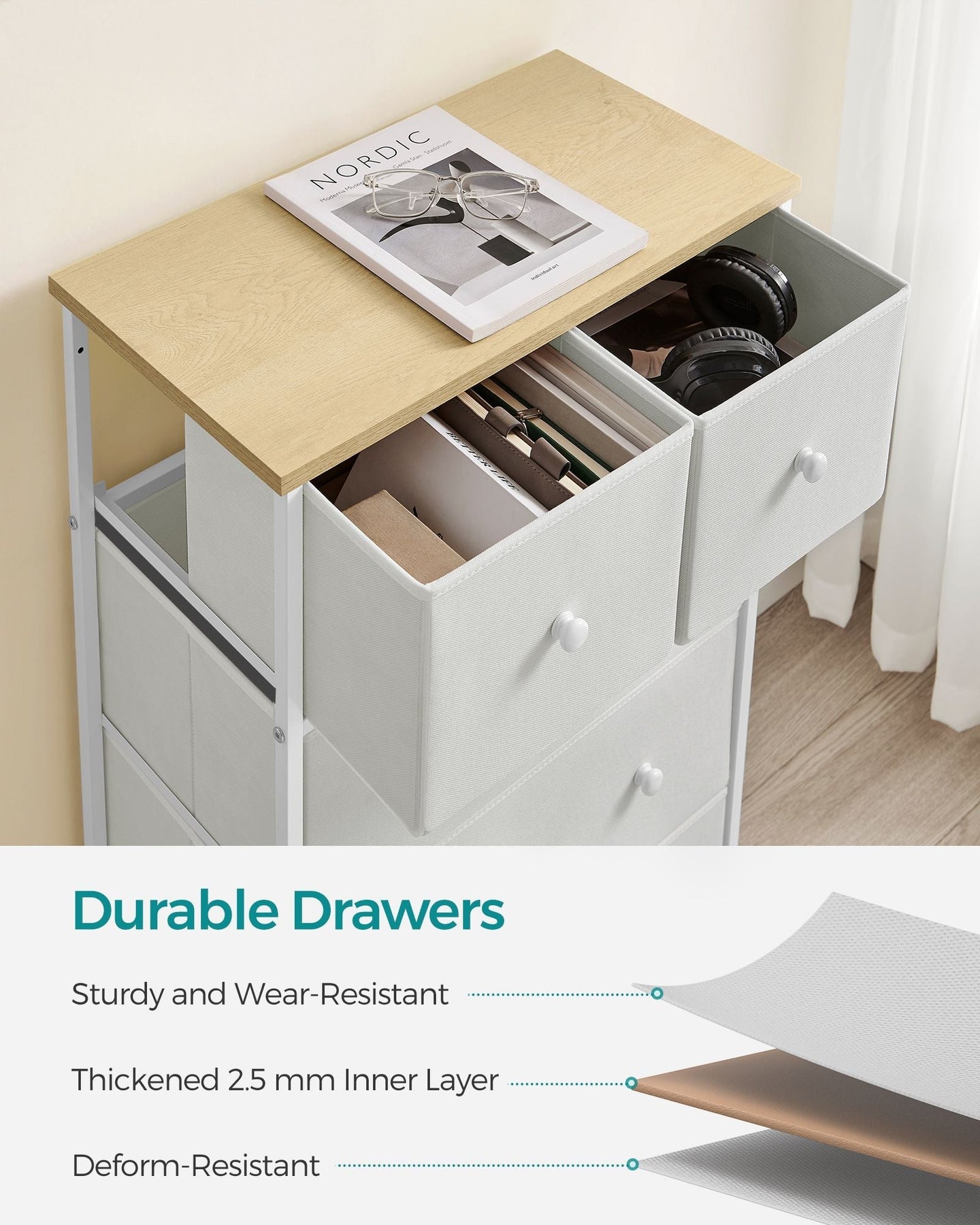 Fabric Chest of Drawers - Fabric - White and Oak - 5-Drawer Storage Organiser for Living Room