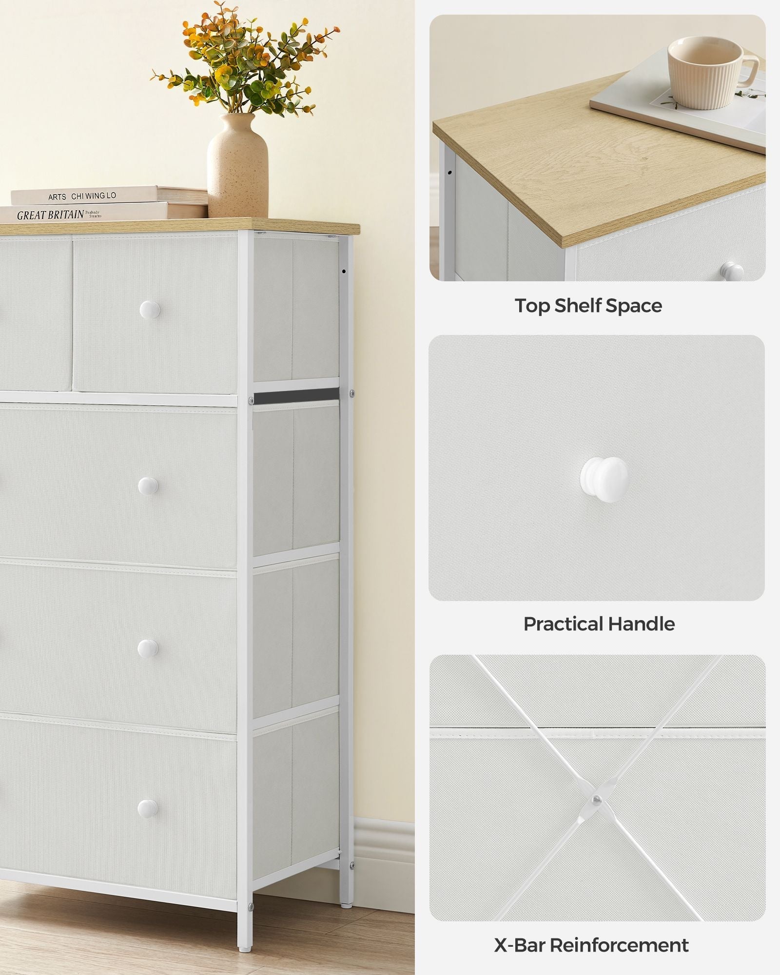 Fabric Chest of Drawers - Fabric - White and Oak - 5-Drawer Storage Organiser for Living Room