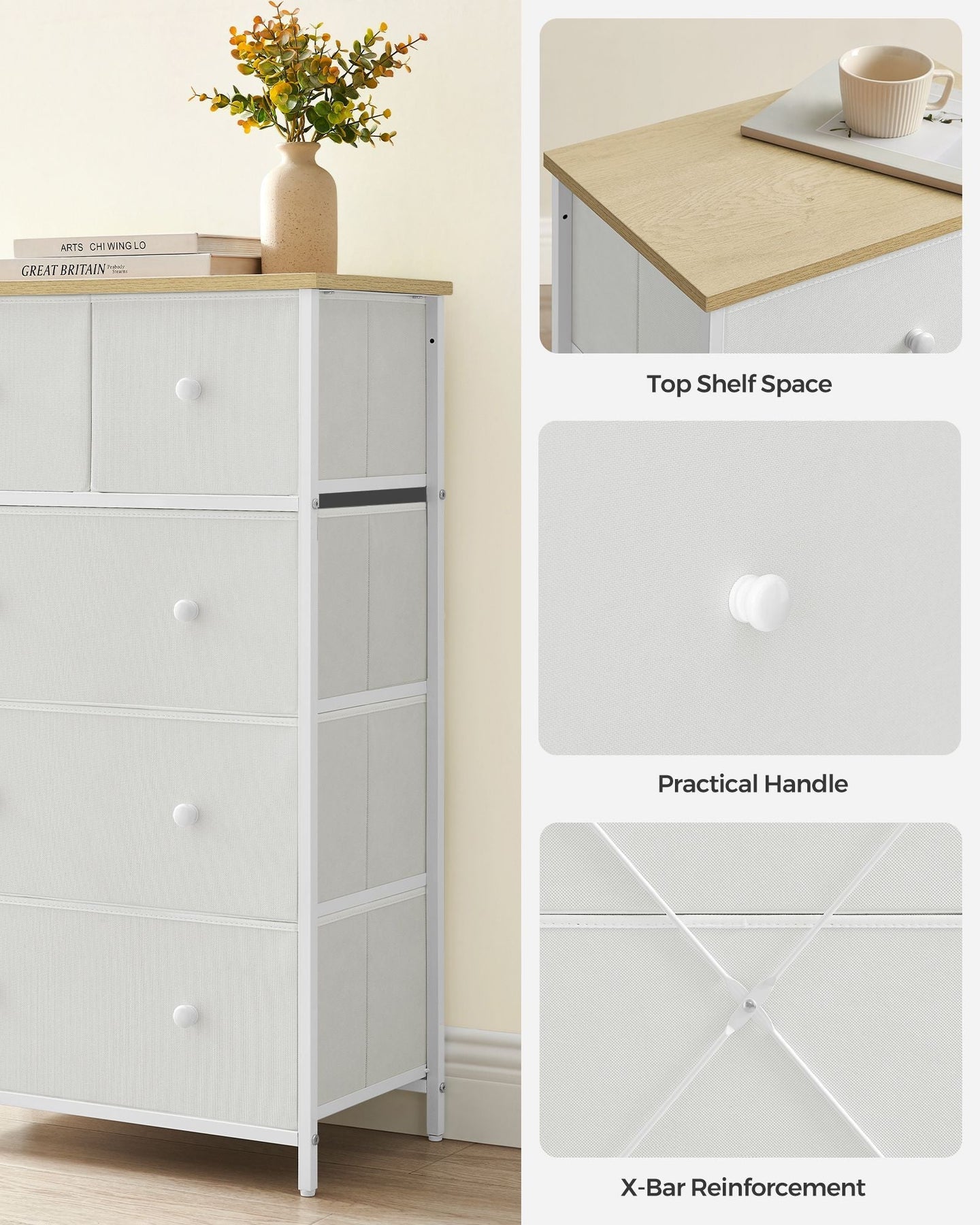 Fabric Chest of Drawers - Fabric - White and Oak - 5-Drawer Storage Organiser for Living Room