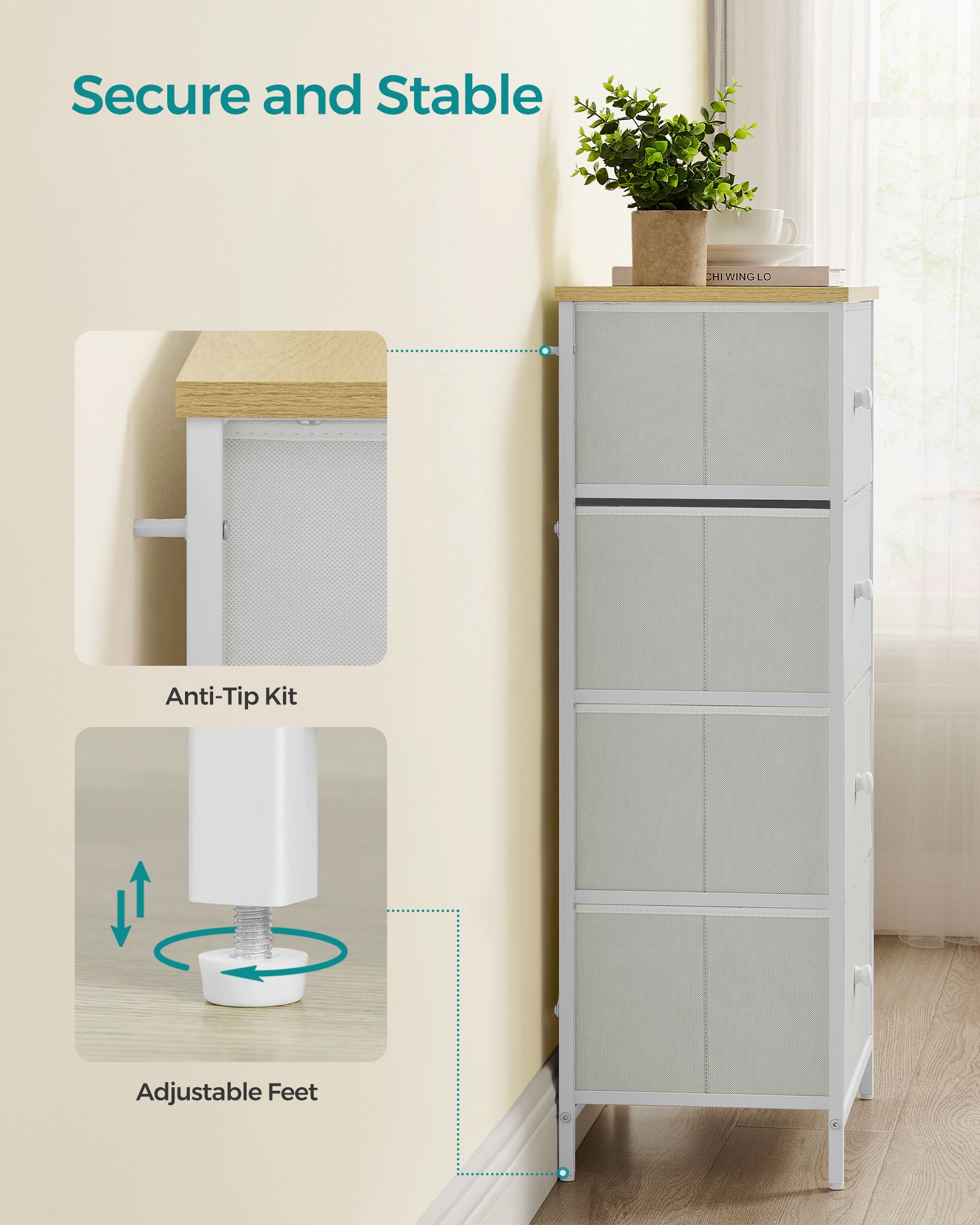 Fabric Chest of Drawers - Fabric - White and Oak - 5-Drawer Storage Organiser for Living Room