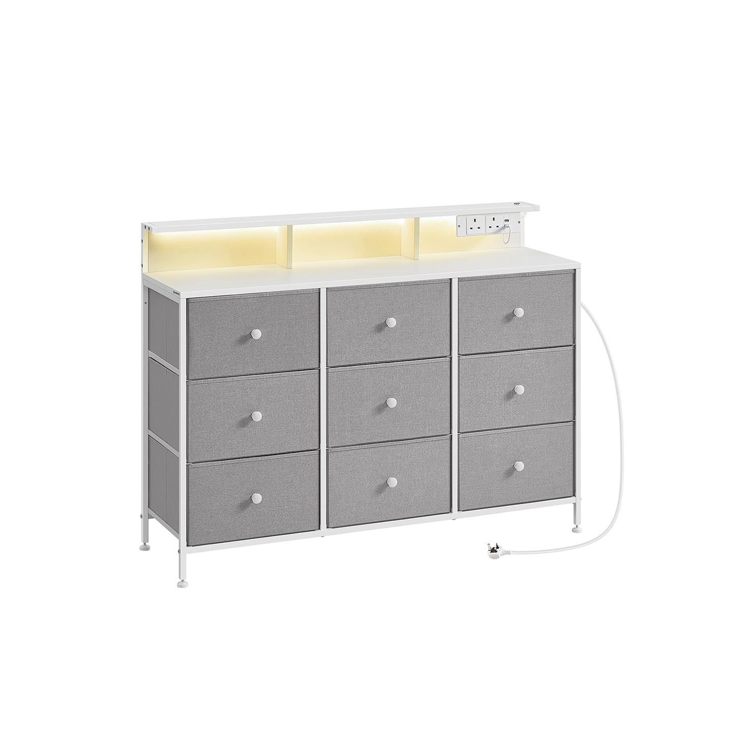 Storage Unit - Fabric - Dove Grey - 9 Drawers with LED Lights and Charging Station