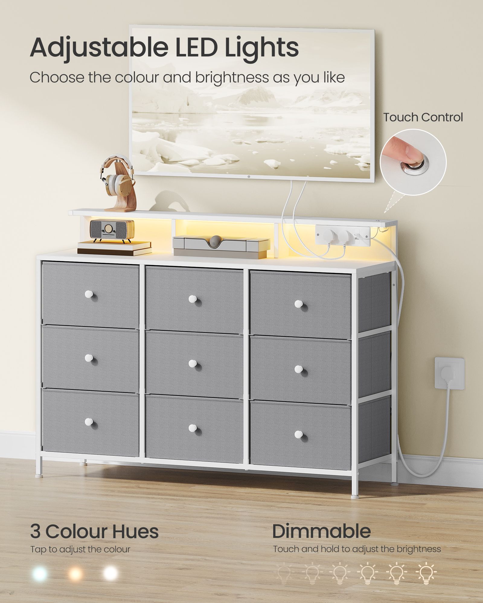 Storage Unit - Fabric - Dove Grey - 9 Drawers with LED Lights and Charging Station