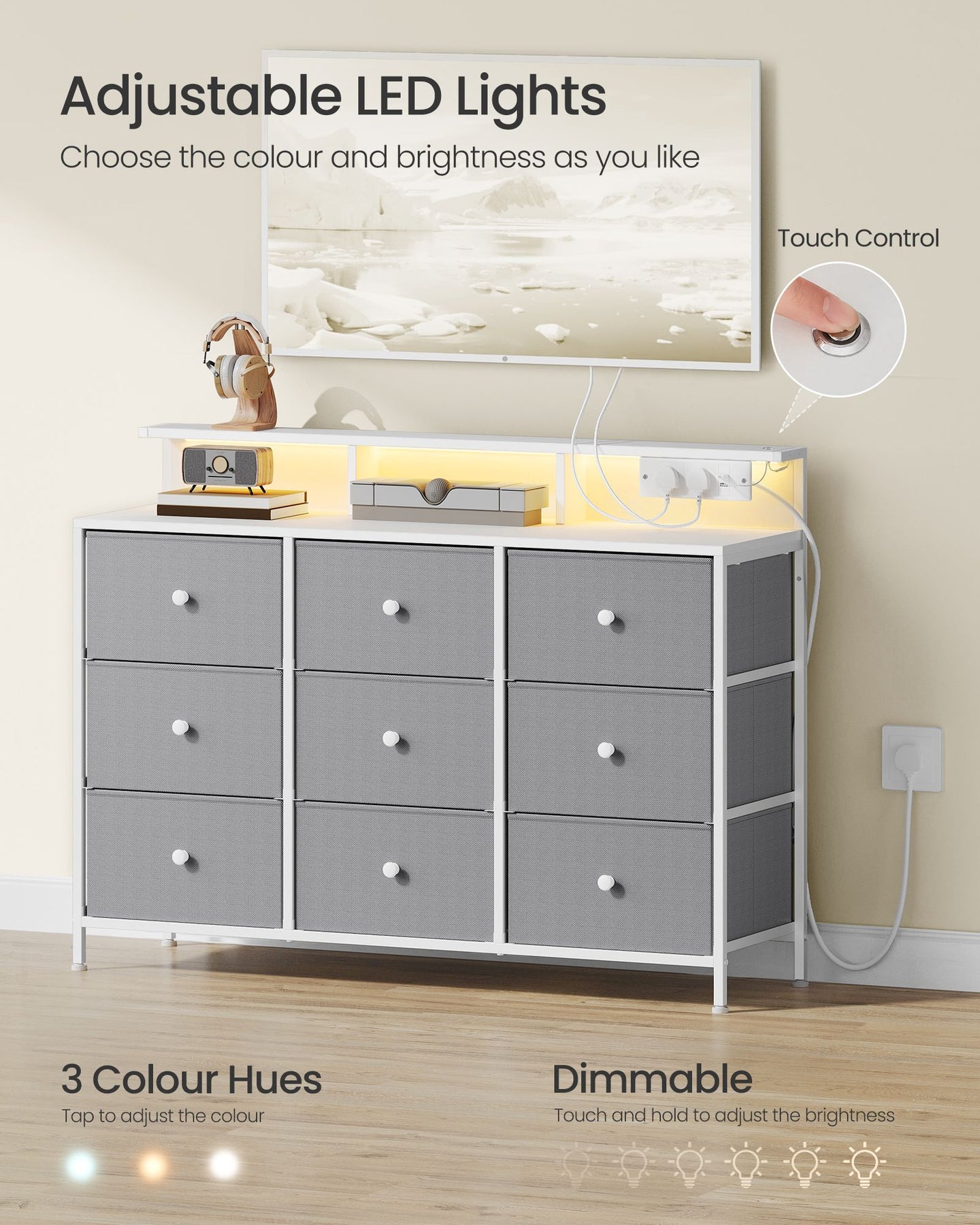 Storage Unit - Fabric - Dove Grey - 9 Drawers with LED Lights and Charging Station
