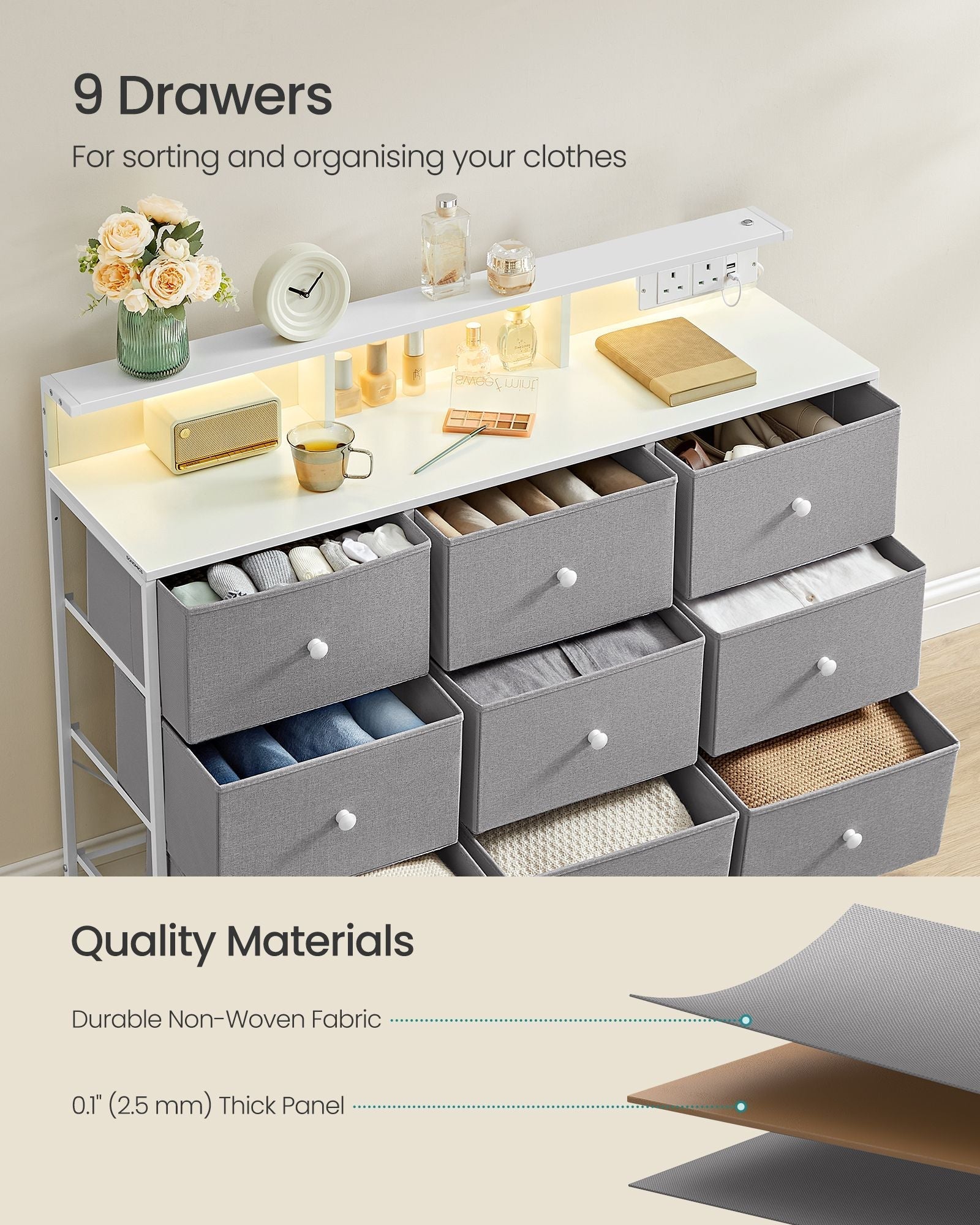 Storage Unit - Fabric - Dove Grey - 9 Drawers with LED Lights and Charging Station