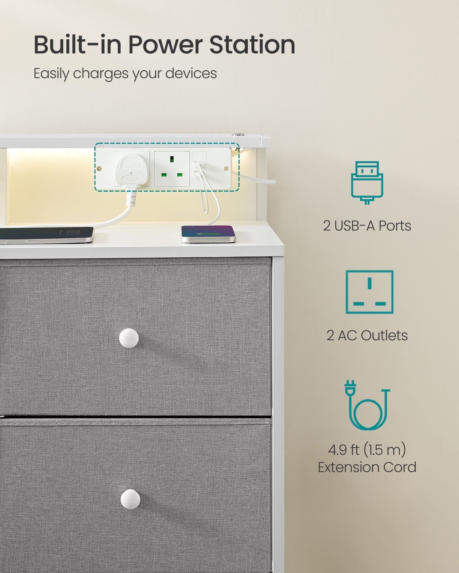 Storage Unit - Fabric - Dove Grey - 9 Drawers with LED Lights and Charging Station