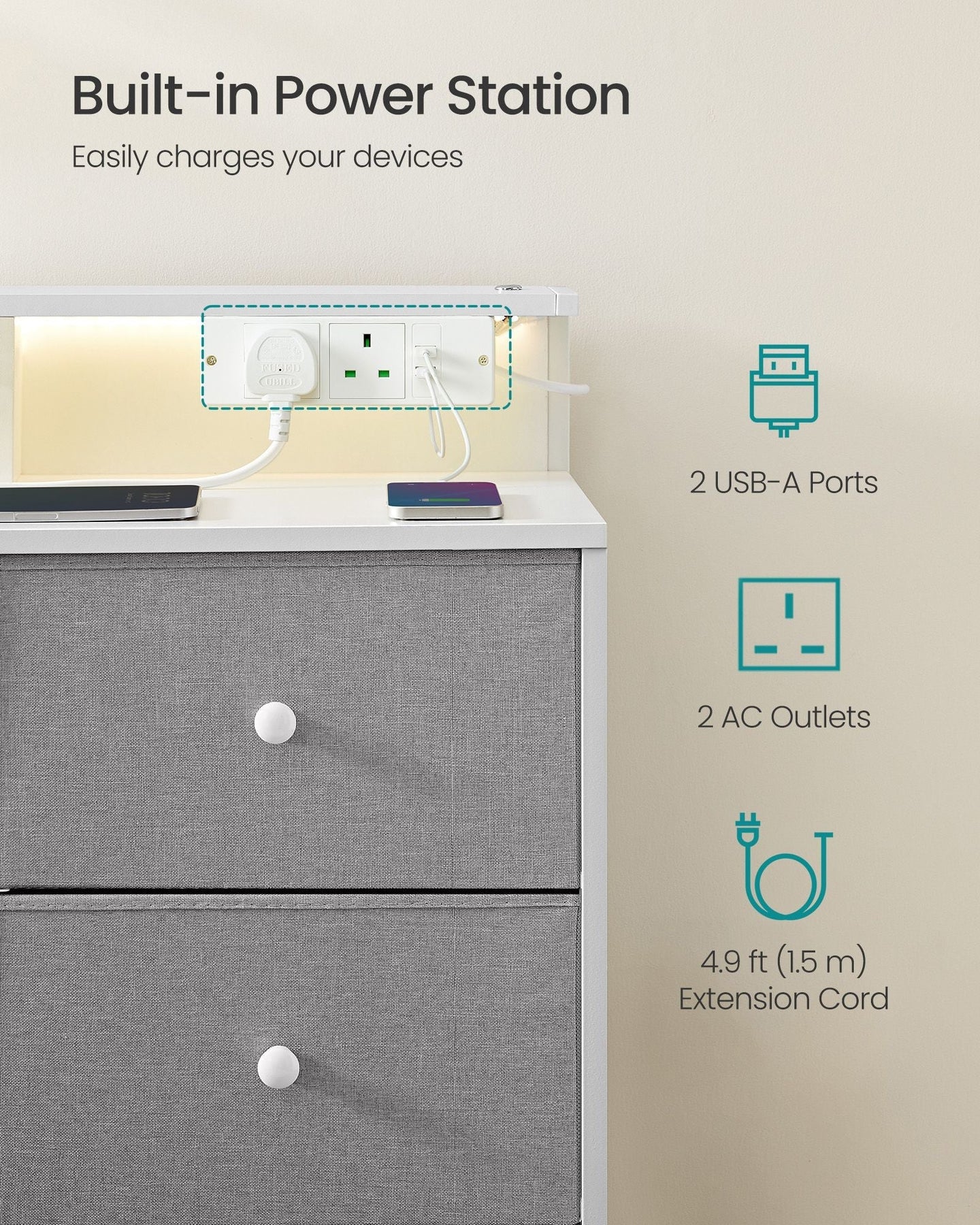 Storage Unit - Fabric - Dove Grey - 9 Drawers with LED Lights and Charging Station