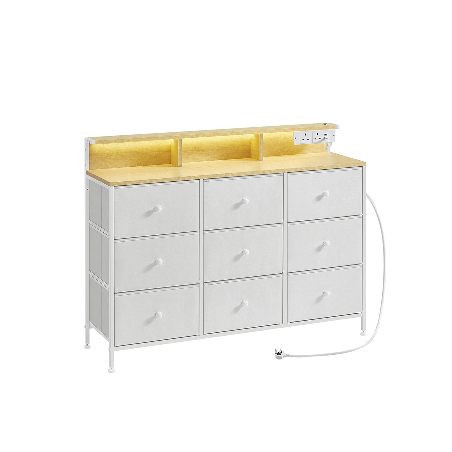 Storage Unit - Fabric - Dove Grey - 9 Drawers with LED Lights and Charging Station