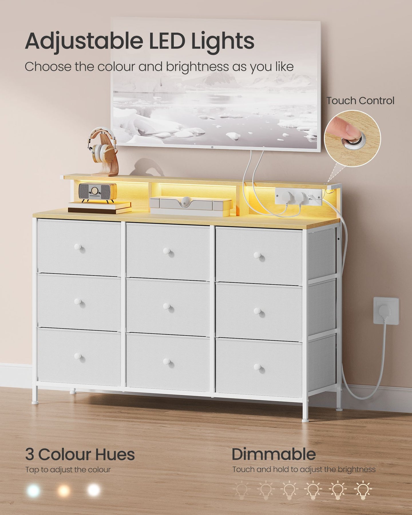Storage Unit - Fabric - Dove Grey - 9 Drawers with LED Lights and Charging Station