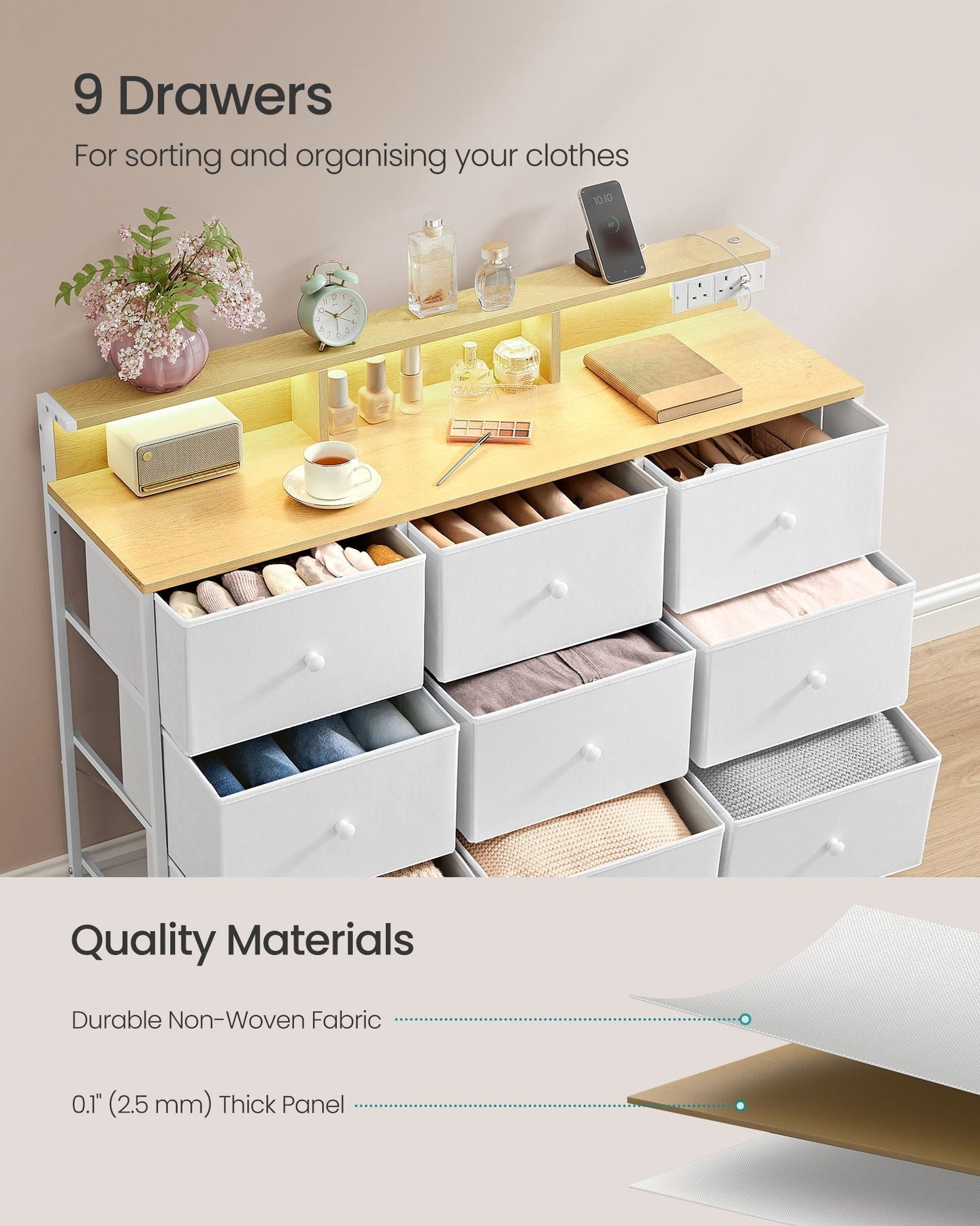 Storage Unit - Fabric - Dove Grey - 9 Drawers with LED Lights and Charging Station