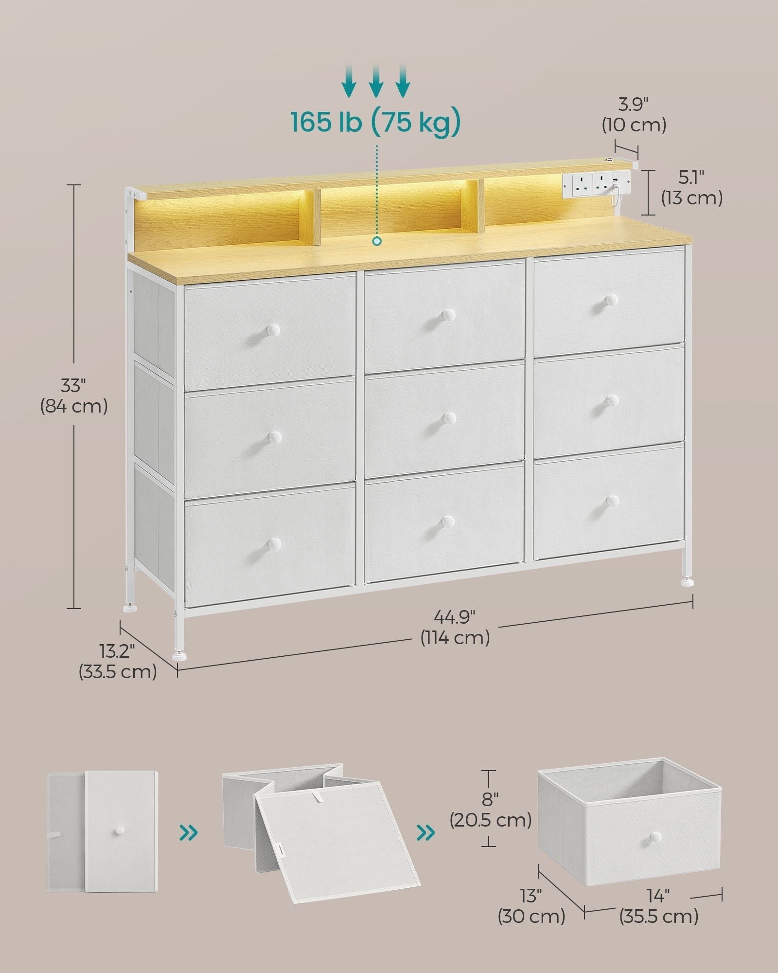 Storage Unit - Fabric - Dove Grey - 9 Drawers with LED Lights and Charging Station