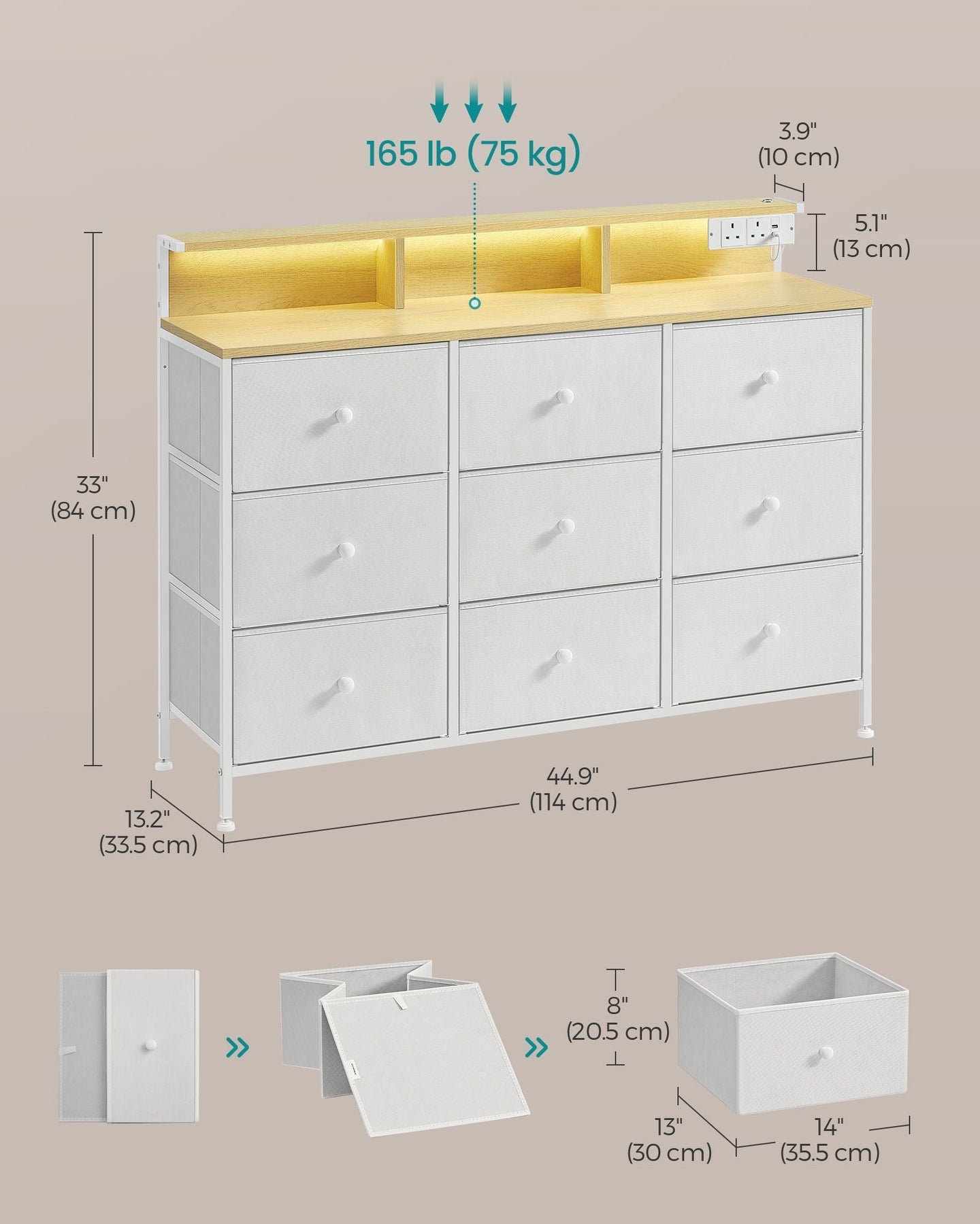 Storage Unit - Fabric - Dove Grey - 9 Drawers with LED Lights and Charging Station