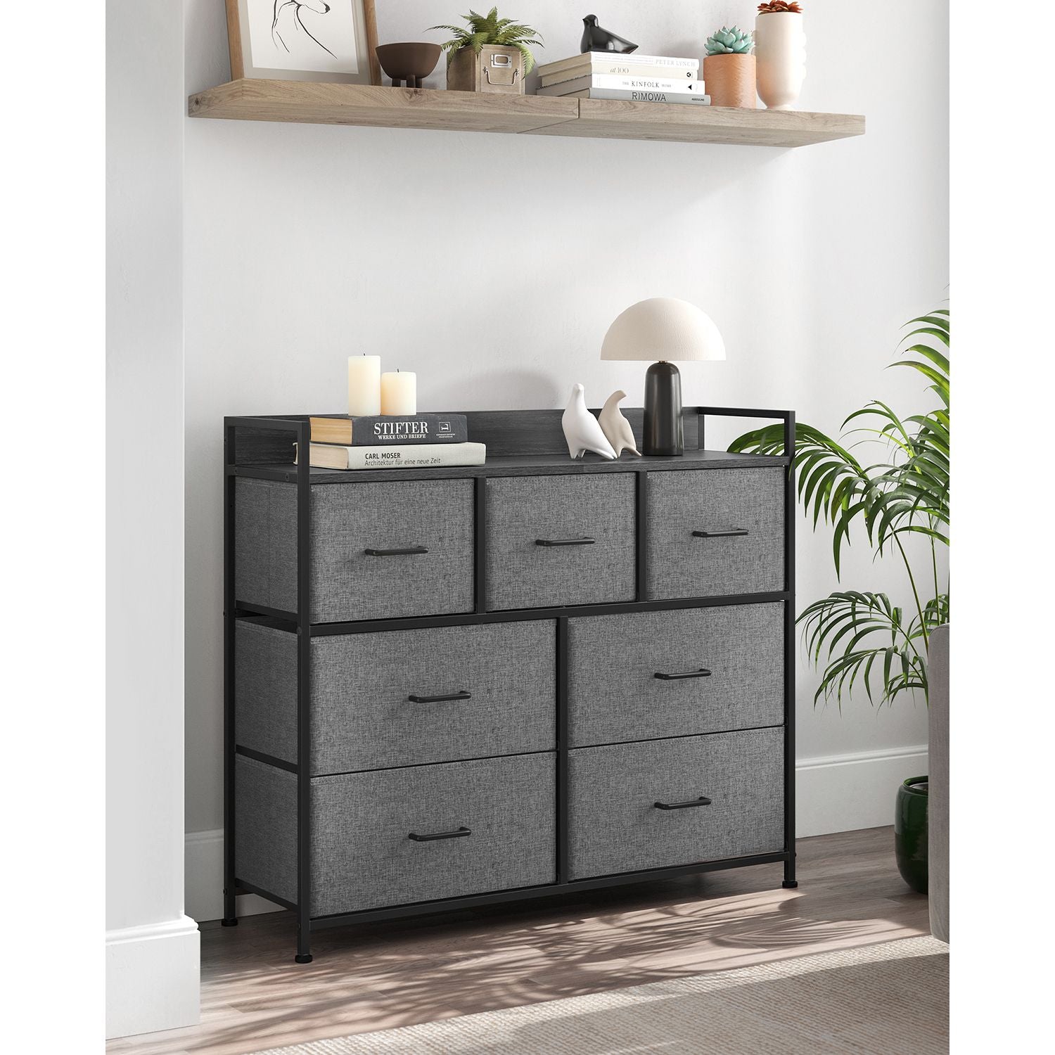 Chest of Drawers - Fabric - Grey and Black - 7 Drawers with Rustic Wood Grain Finish