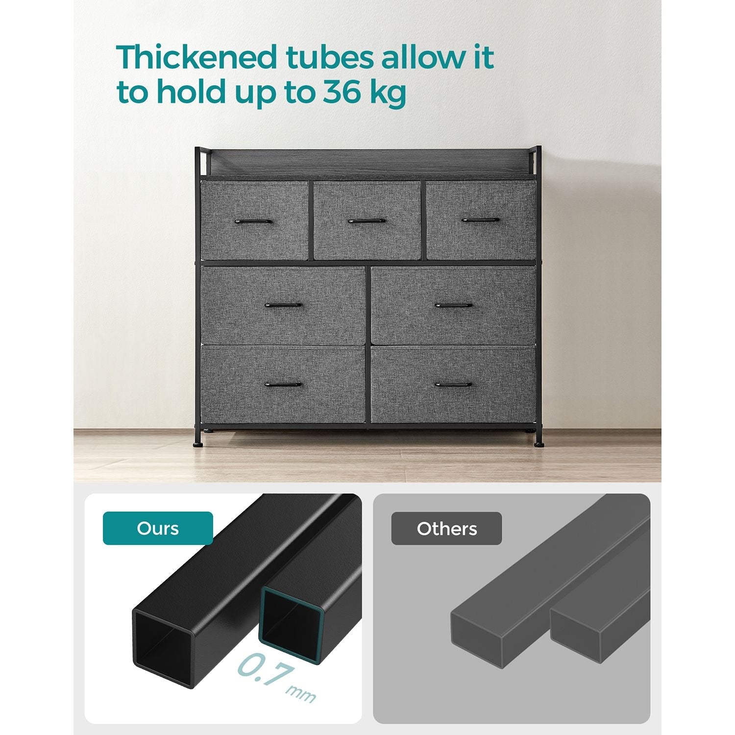 Chest of Drawers - Fabric - Grey and Black - 7 Drawers with Rustic Wood Grain Finish