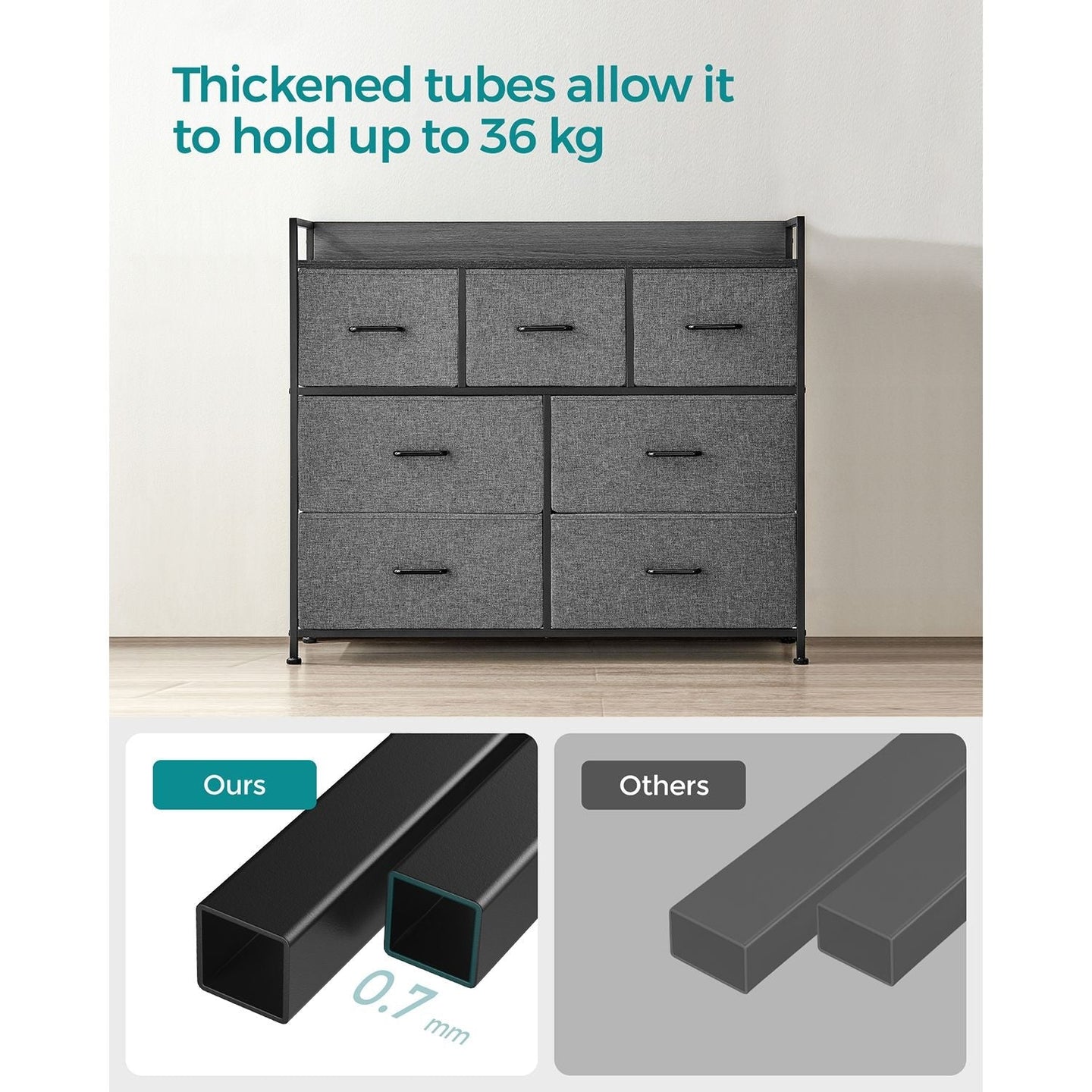 Chest of Drawers - Fabric - Grey and Black - 7 Drawers with Rustic Wood Grain Finish