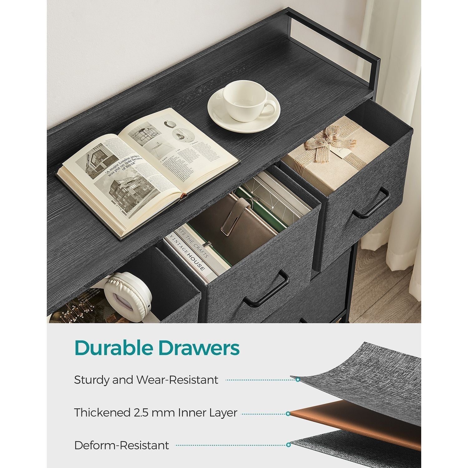 Chest of Drawers - Fabric - Grey and Black - 7 Drawers with Rustic Wood Grain Finish