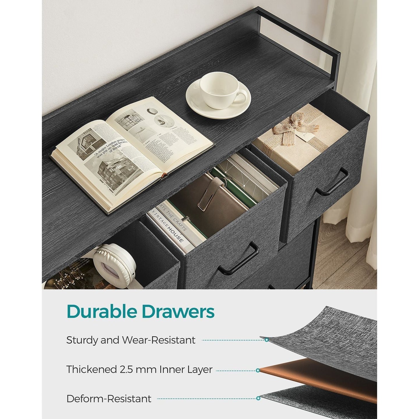 Chest of Drawers - Fabric - Grey and Black - 7 Drawers with Rustic Wood Grain Finish