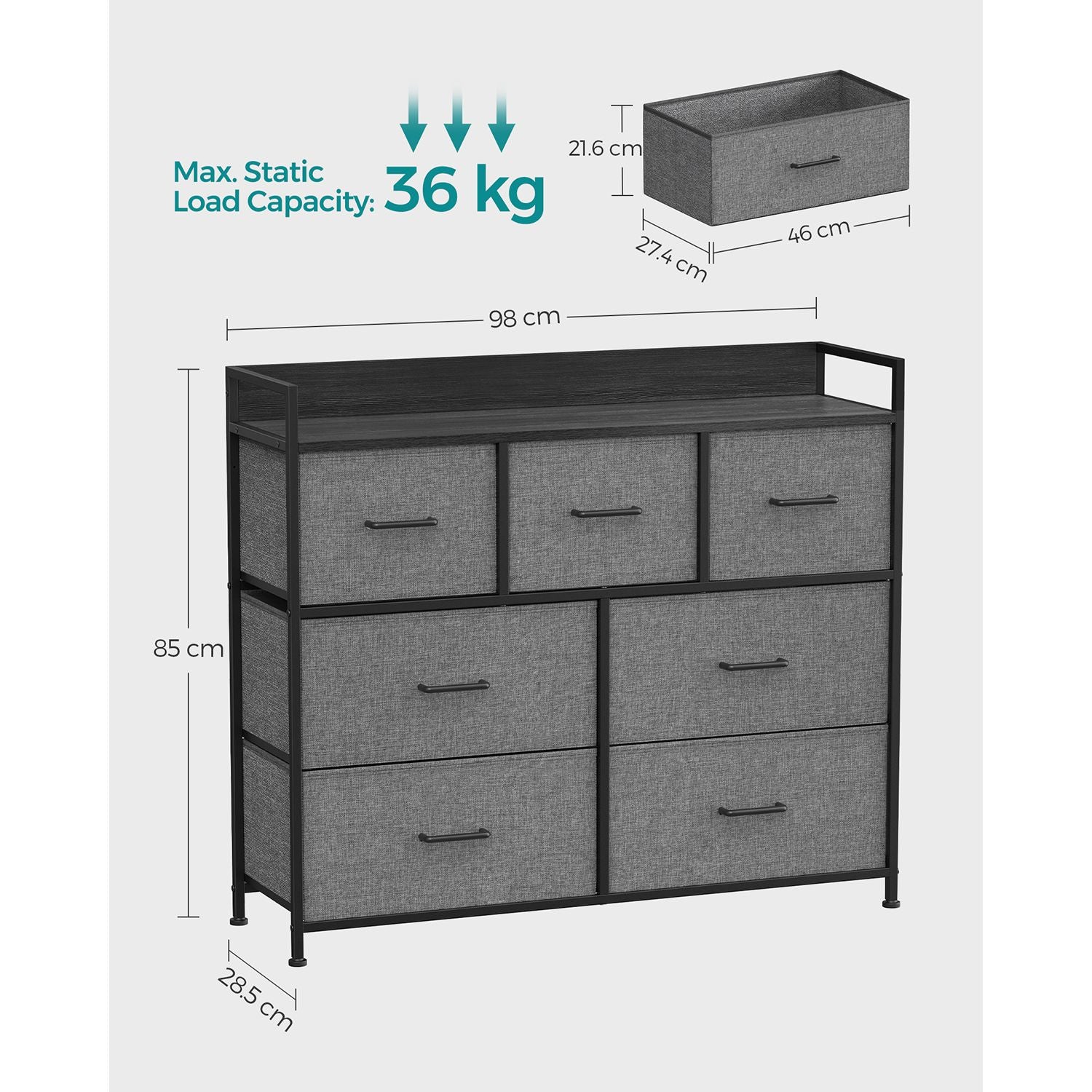 Chest of Drawers - Fabric - Grey and Black - 7 Drawers with Rustic Wood Grain Finish
