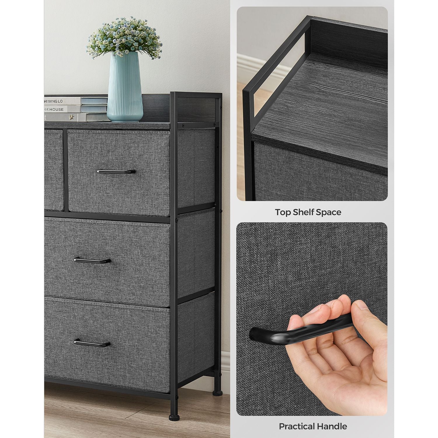 Chest of Drawers - Fabric - Grey and Black - 7 Drawers with Rustic Wood Grain Finish