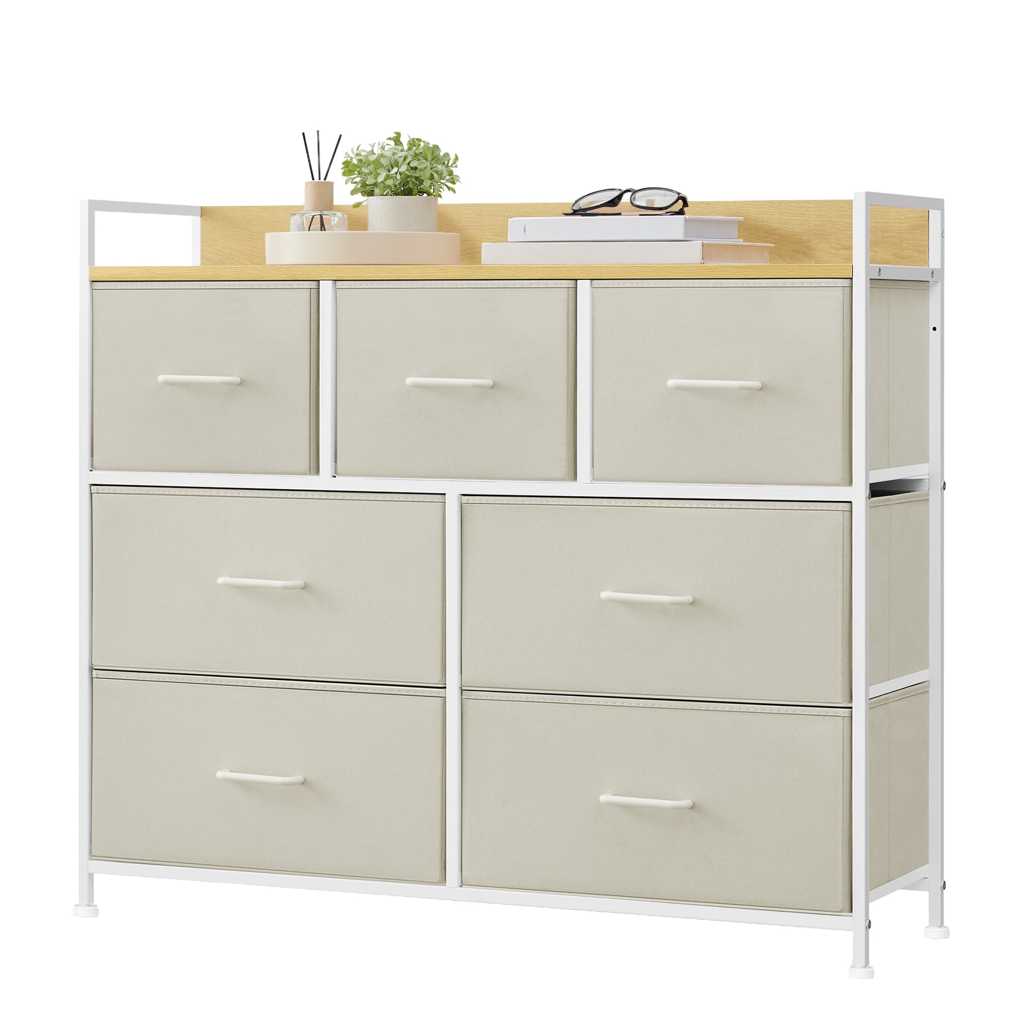 Chest of 7 Drawers Cream White and Oak Beige - Wood Top and Steel - Cream White