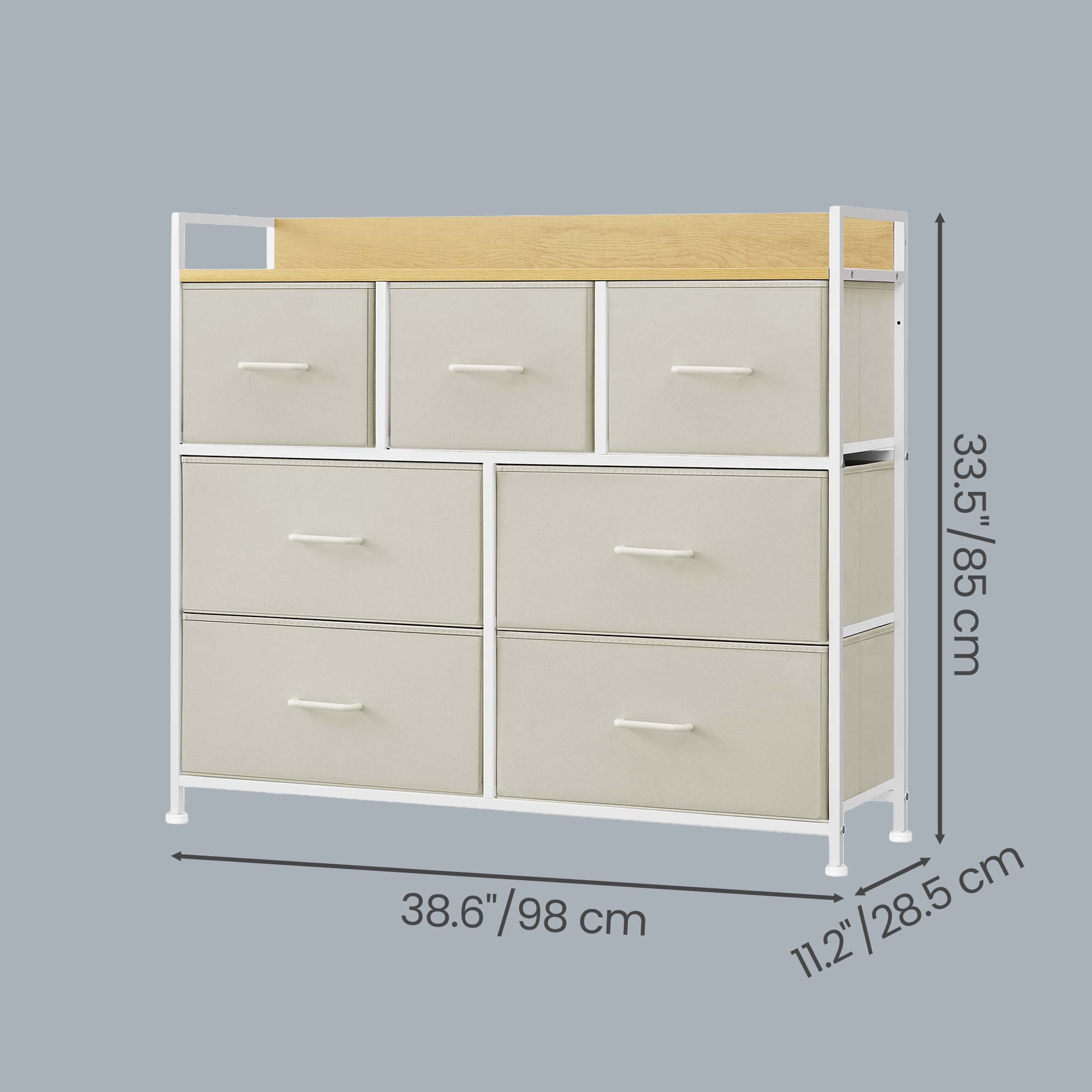 Chest of 7 Drawers Cream White and Oak Beige - Wood Top and Steel - Cream White