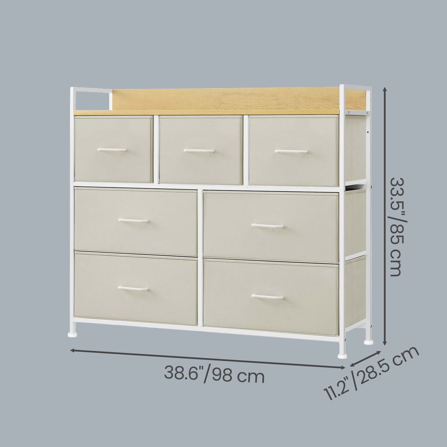 Chest of 7 Drawers Cream White and Oak Beige - Wood Top and Steel - Cream White