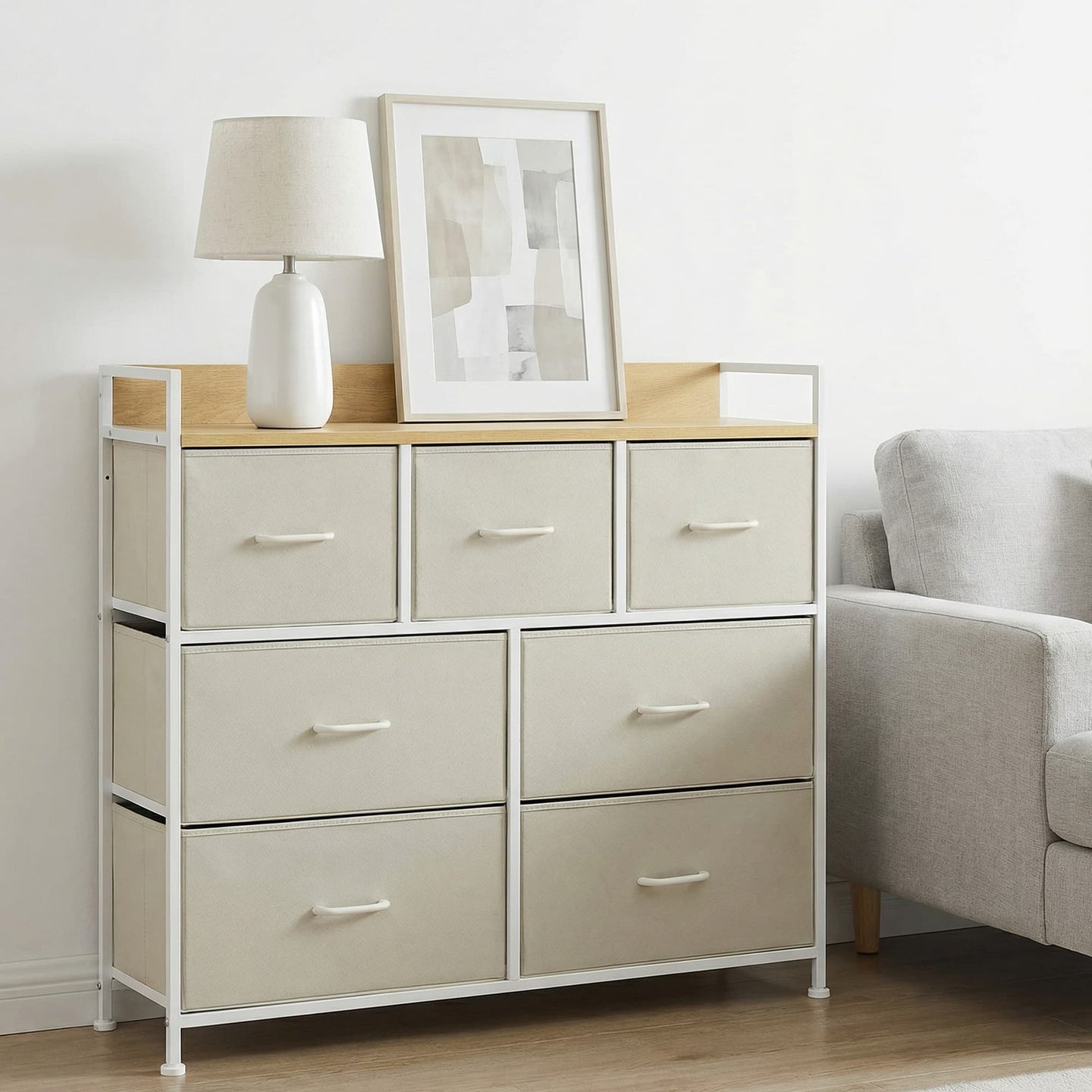 Chest of 7 Drawers Cream White and Oak Beige - Wood Top and Steel - Cream White