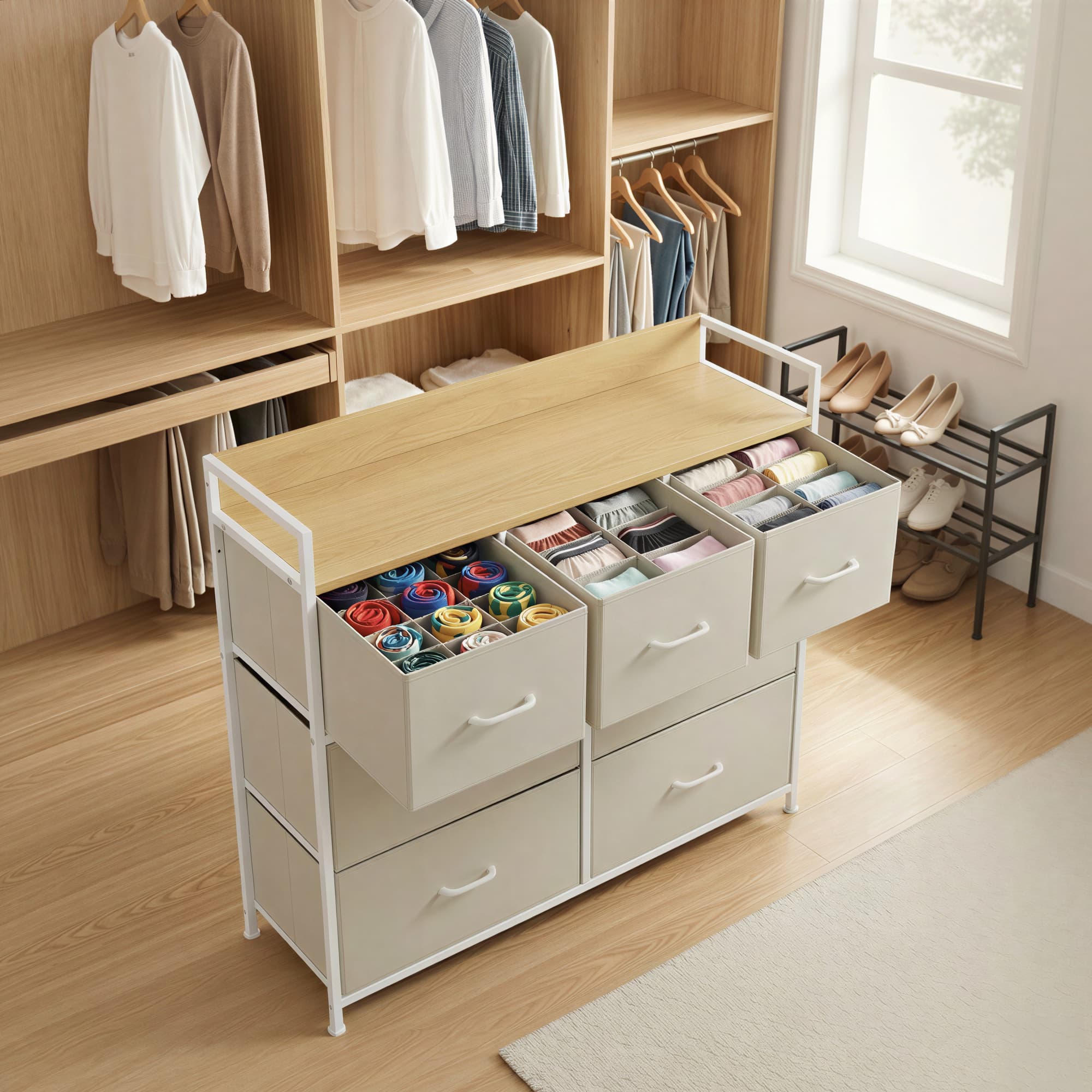 Chest of 7 Drawers Cream White and Oak Beige - Wood Top and Steel - Cream White