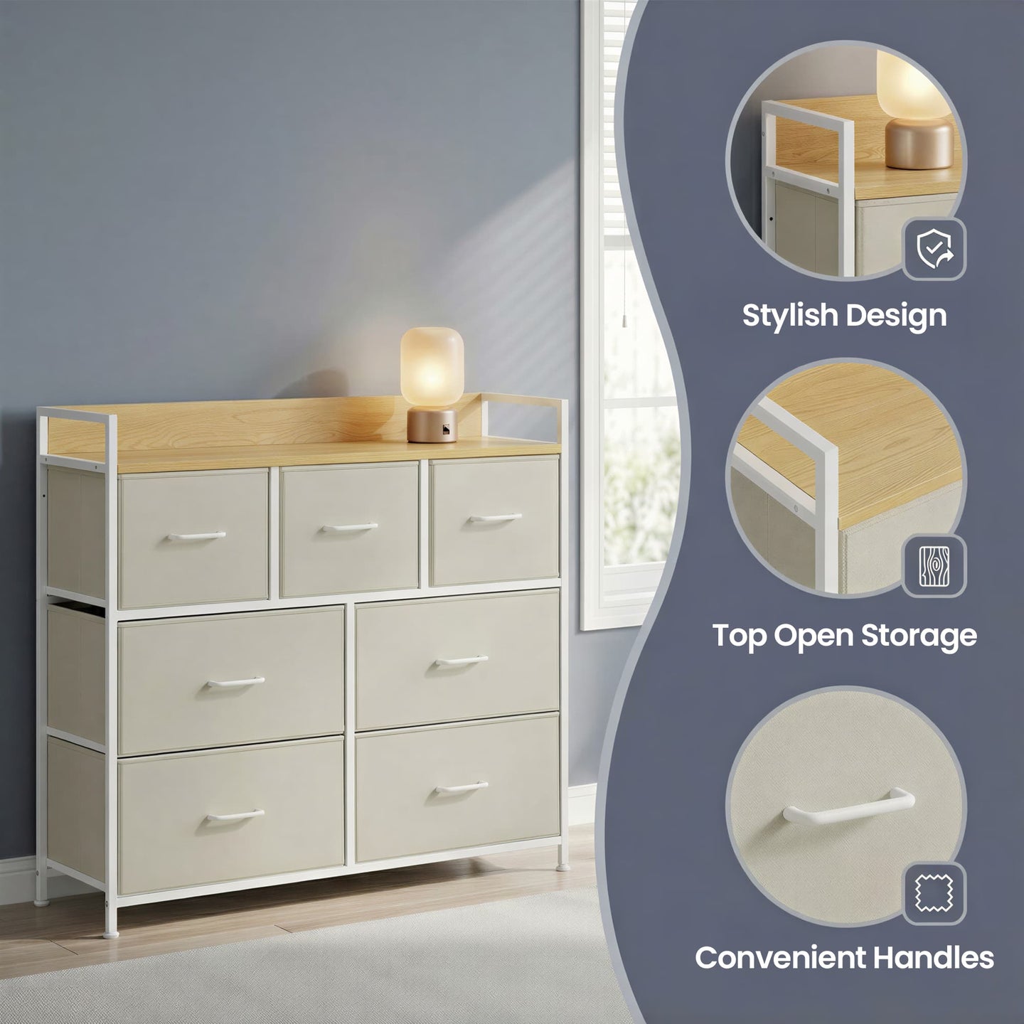 Chest of 7 Drawers Cream White and Oak Beige - Wood Top and Steel - Cream White