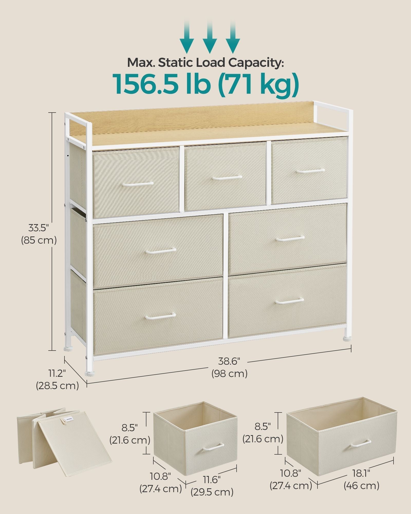 Chest of Drawers - 7 Drawer Storage Unit - Fabric - Cream White