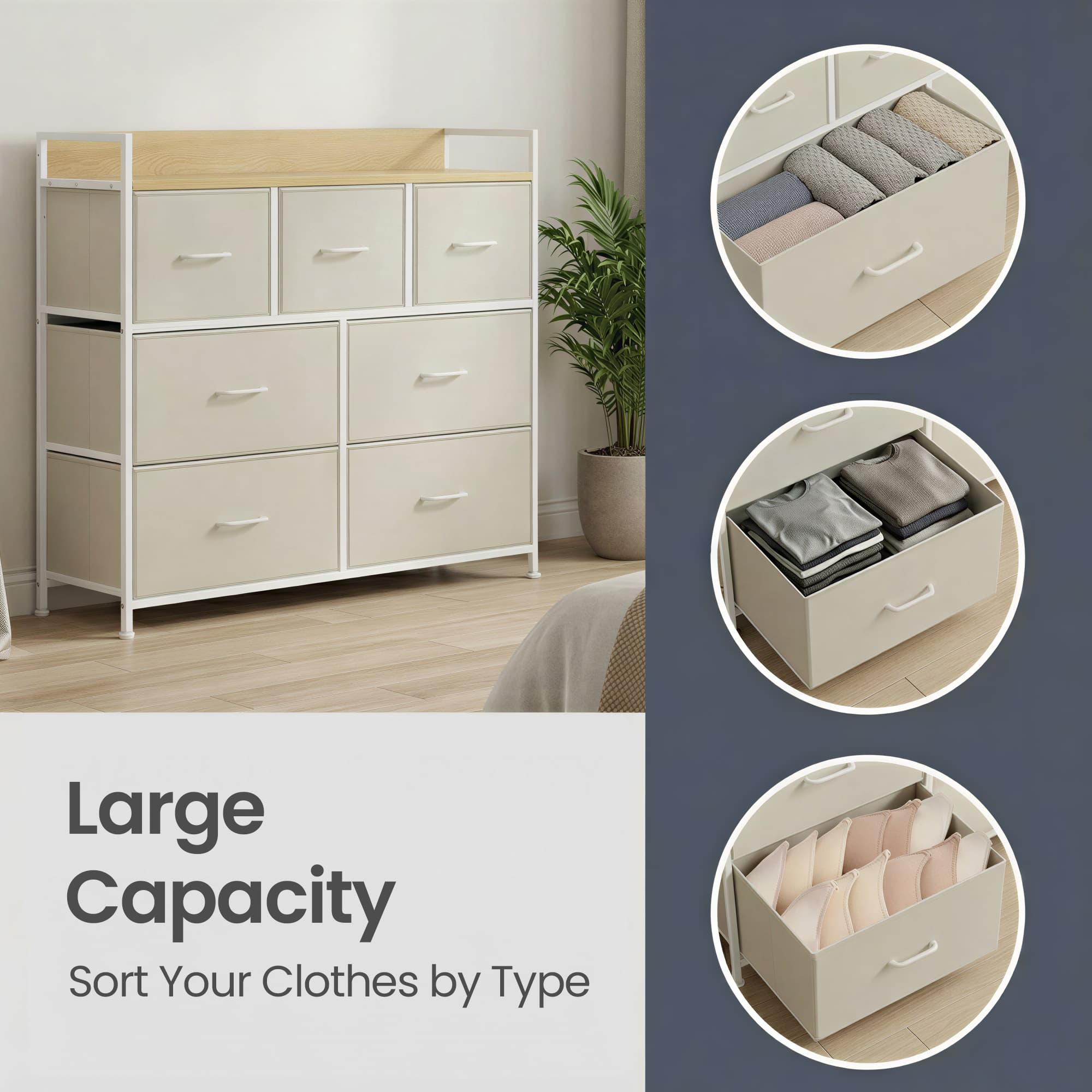 Chest of 7 Drawers Cream White and Oak Beige - Wood Top and Steel - Cream White