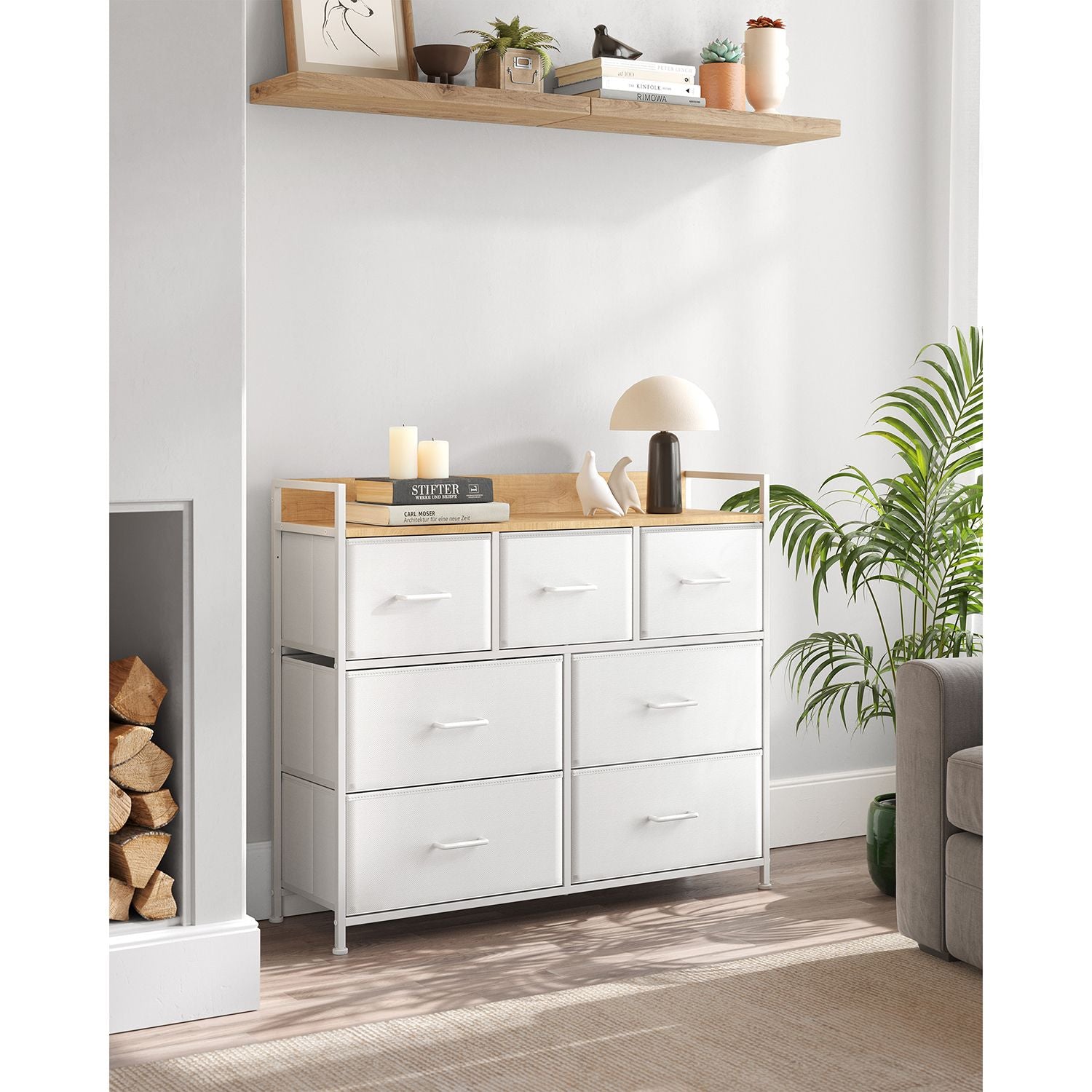 Chest of Drawers - Fabric - Grey and Black - 7 Drawers with Rustic Wood Grain Finish