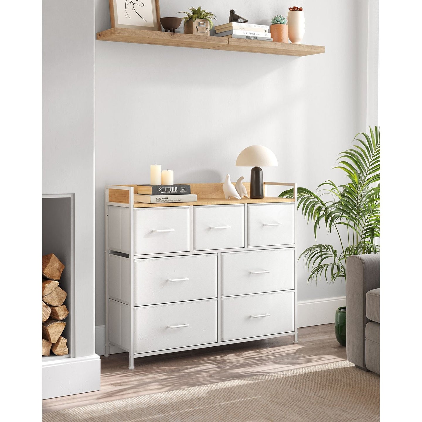 Chest of Drawers - Fabric - Grey and Black - 7 Drawers with Rustic Wood Grain Finish