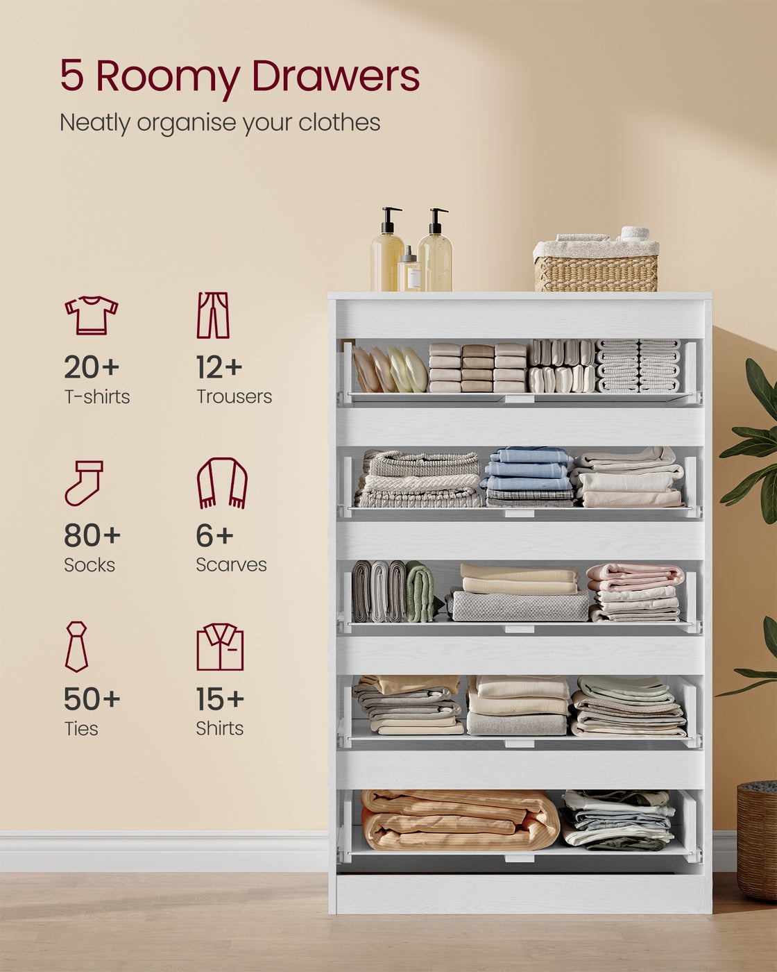 KAILYN Collection - Chest of Drawers for Bedroom - Wood and MDF - Snow White