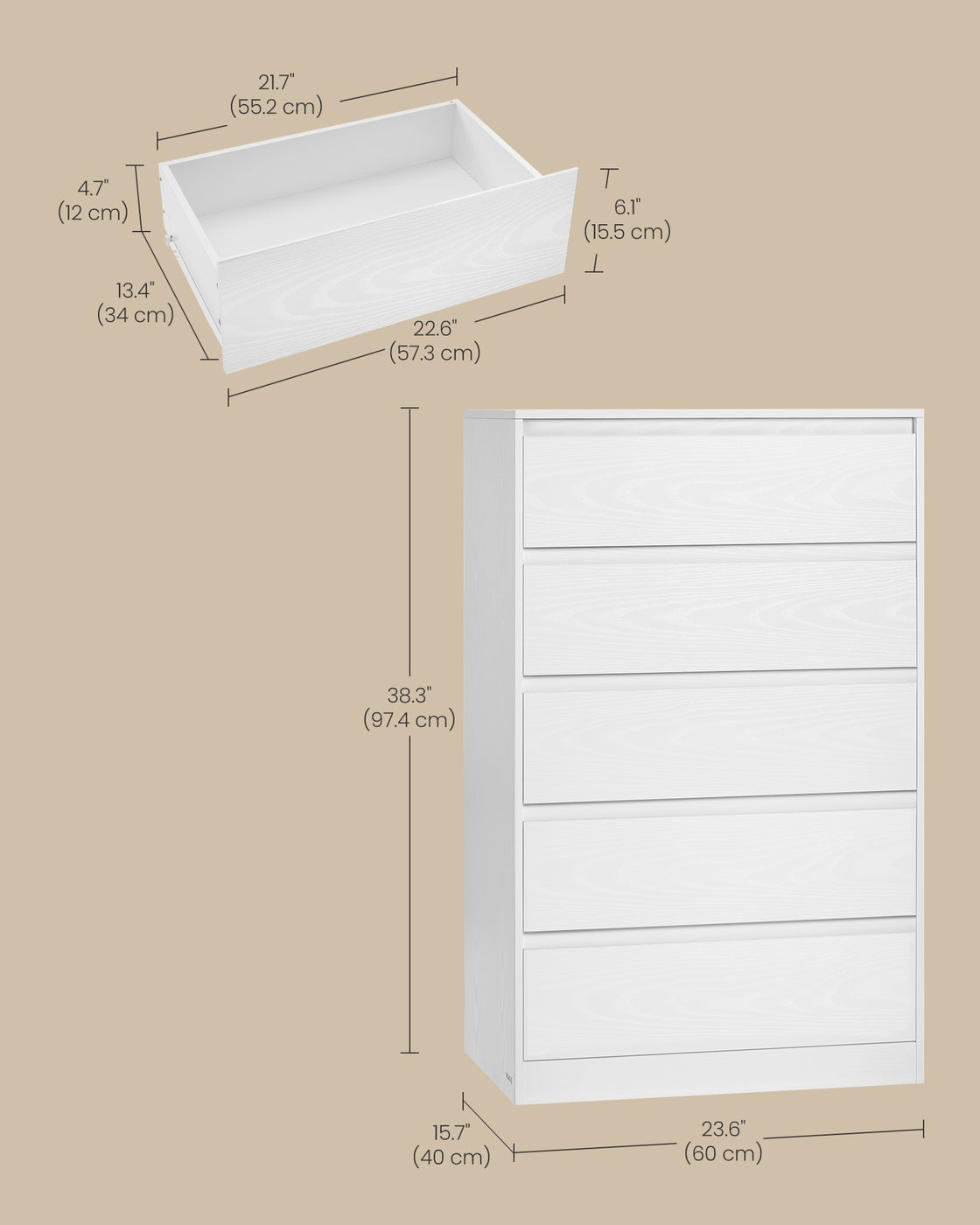 KAILYN Collection - Chest of Drawers for Bedroom - Wood and MDF - Snow White